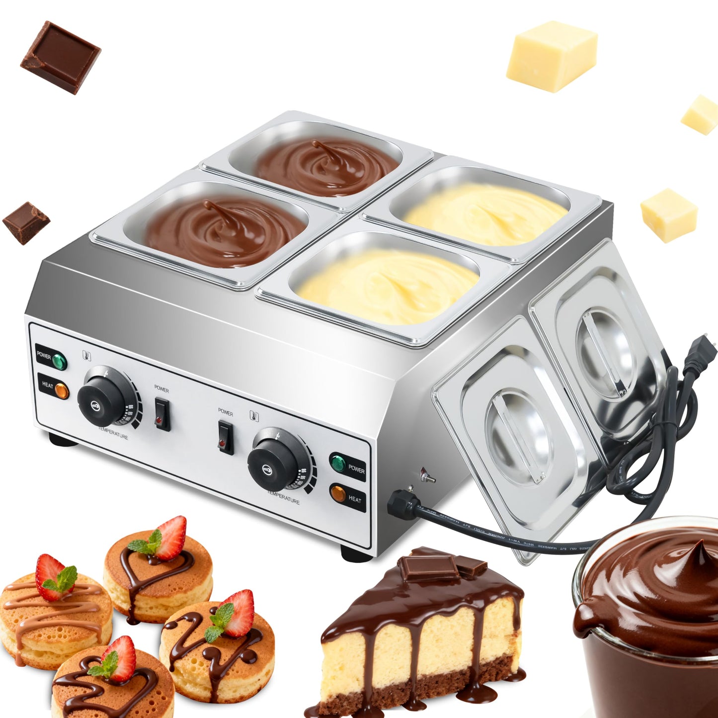 Chocolate Melting Pot 4-Tanks Commercial Chocolate Tempering Machine Chocolate Tempering Pot 2000W Electric Chocolate Melter Pot Chocolate Warmer for Milk Coffee Cheese