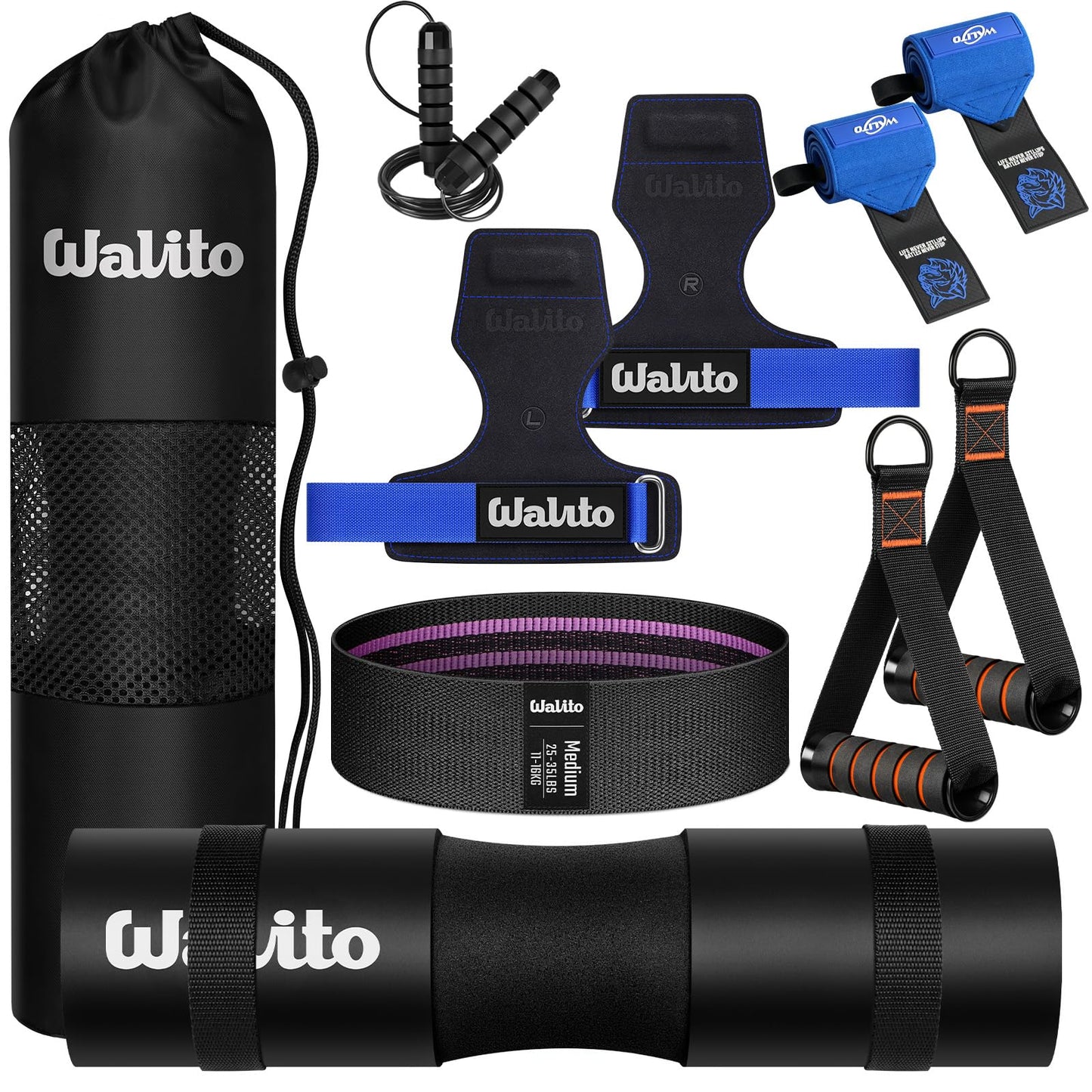 WALITO 8Pcs Barbell Pad Set for Hip Thrust - Squat Pad,Gym Accessories for Women with Bar Bad,Bench Press, with Gym Ankle Straps,Resistance Bands for Working Out,Lifting Strap,Carry Bag (Blue Black-10)