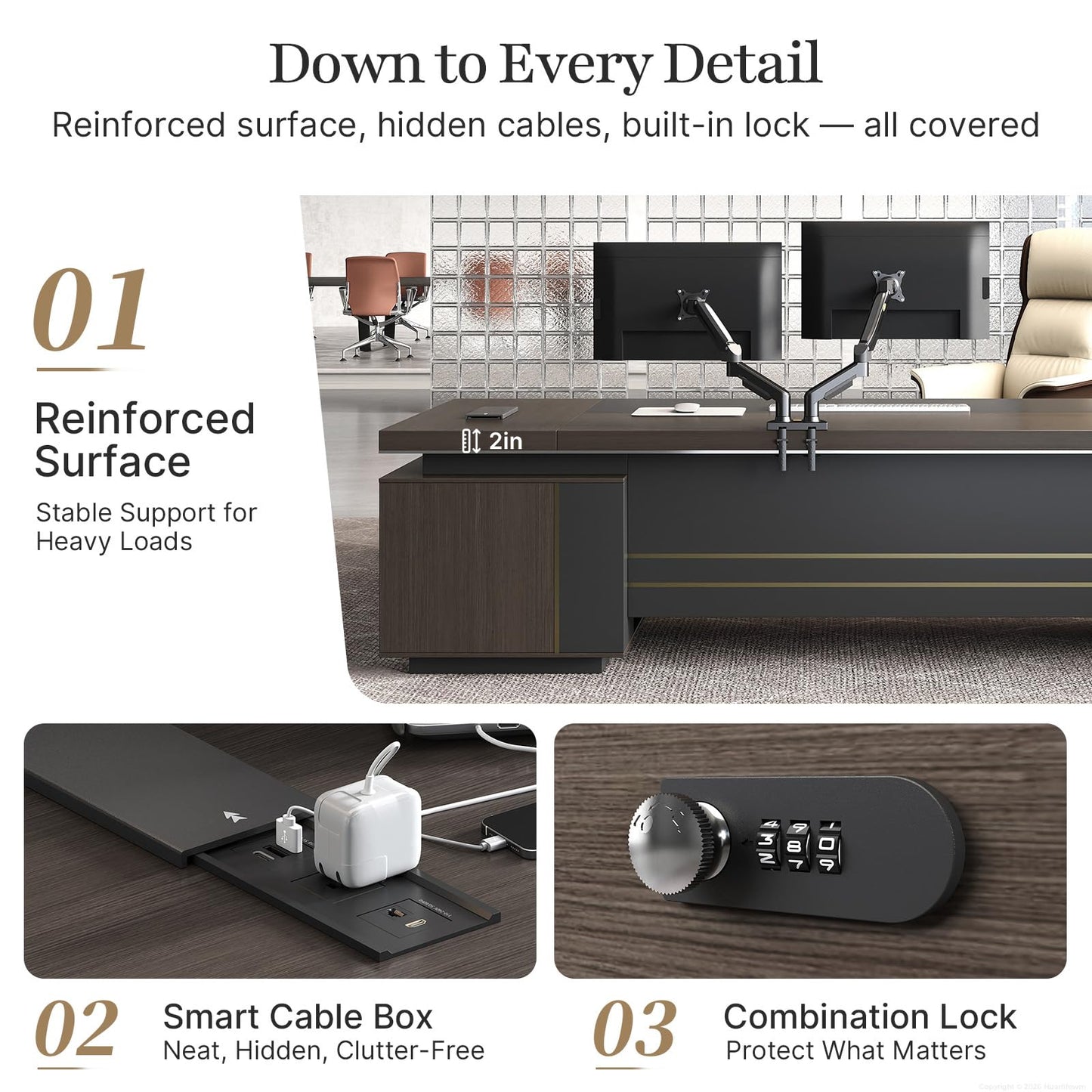 Huariifowm 79" L-Shaped Executive Desk with Reversible Return, Large Office Desk for Manager Office, Power Hub with USB-C HDMI RJ45, 3-Digit Lock Drawer, Storage Shelves and Privacy Panel, Gray Walnut