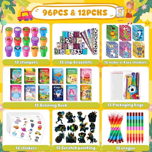 BenLouis Kids Party Favors Set - 96Pcs Mini Coloring Books, Crayons & Stickers for Birthday Goodie Bags