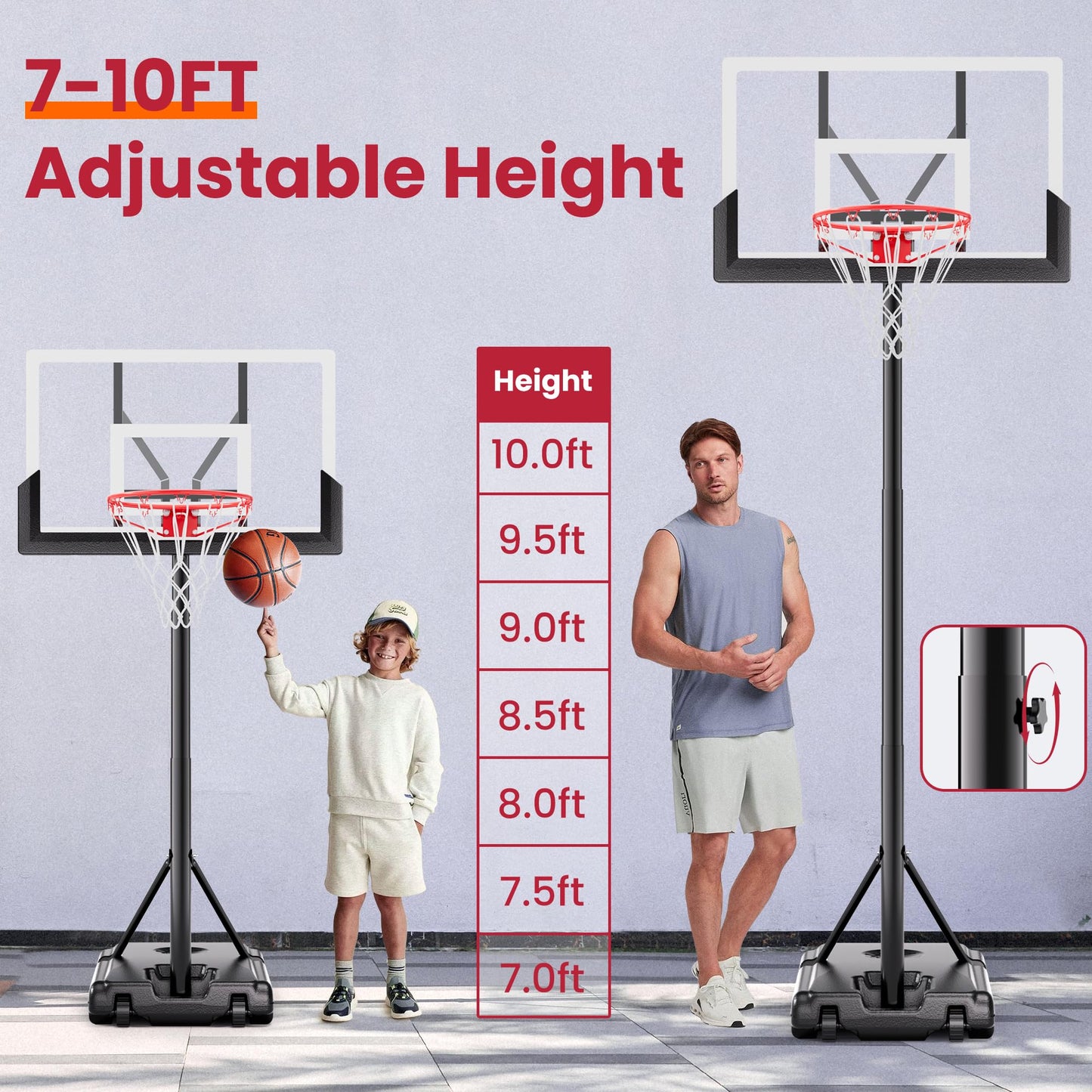 Feelwin Basketball Hoop, Portable Adjustable Height Basketball Goal with Wheels in Driveway, Backyard & Outdoor for Kids Youth and Adults