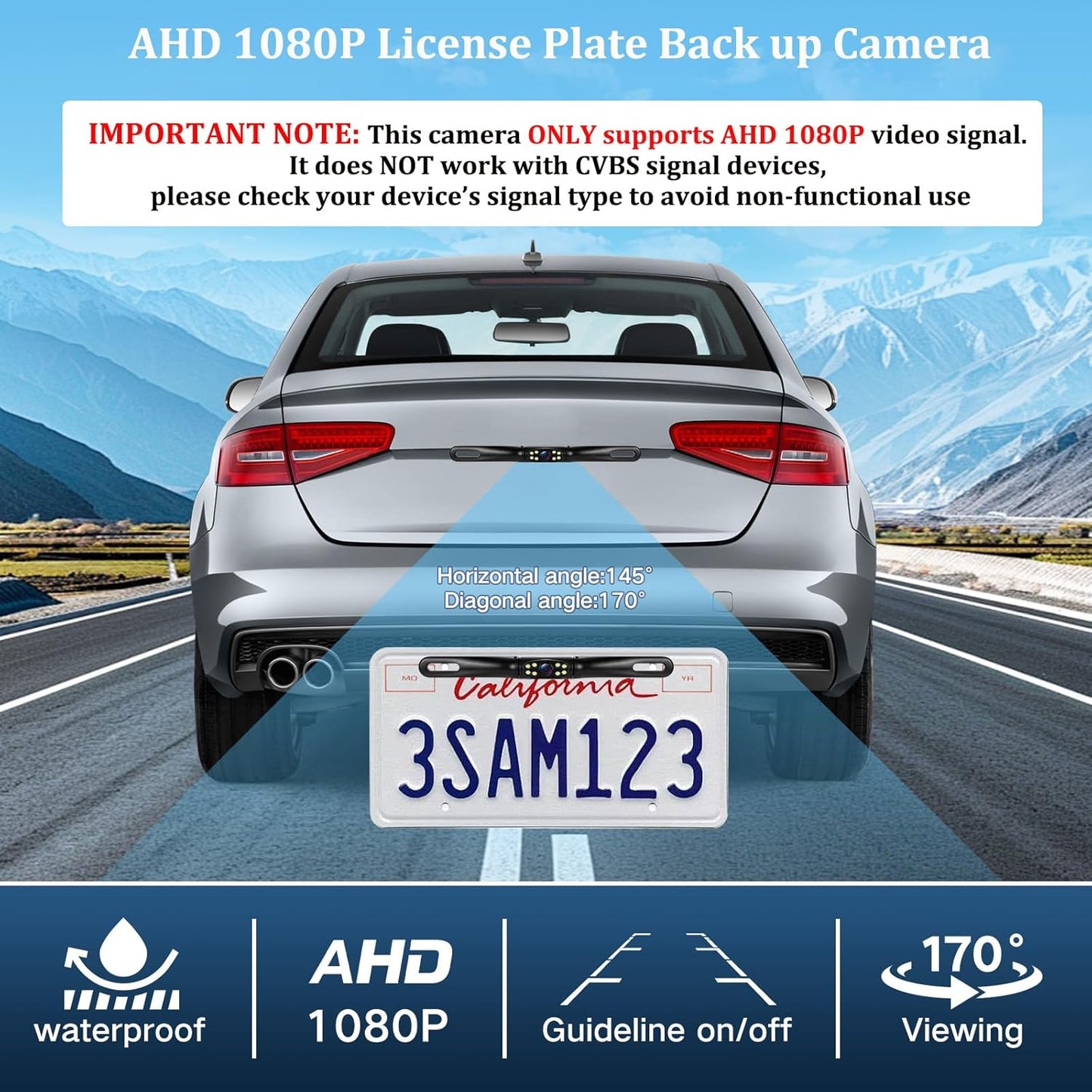 YUGUANG 1080P 170 License Plate Backup Camera, AHD Degree Wide View Angel Night Vision Guide Line On/Off Waterproof