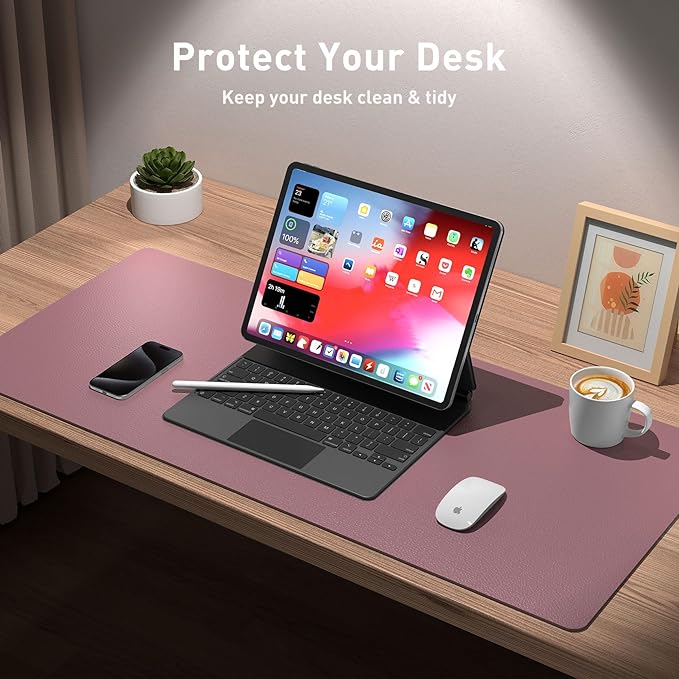 Leather Desk Pad Protector,Mouse Pad,Office Desk Mat,Non-Slip PU Leather Desk Blotter,Laptop Desk Pad,Waterproof Desk Writing Pad for Office and Home (Dark Pink,23.6" x 13.7")