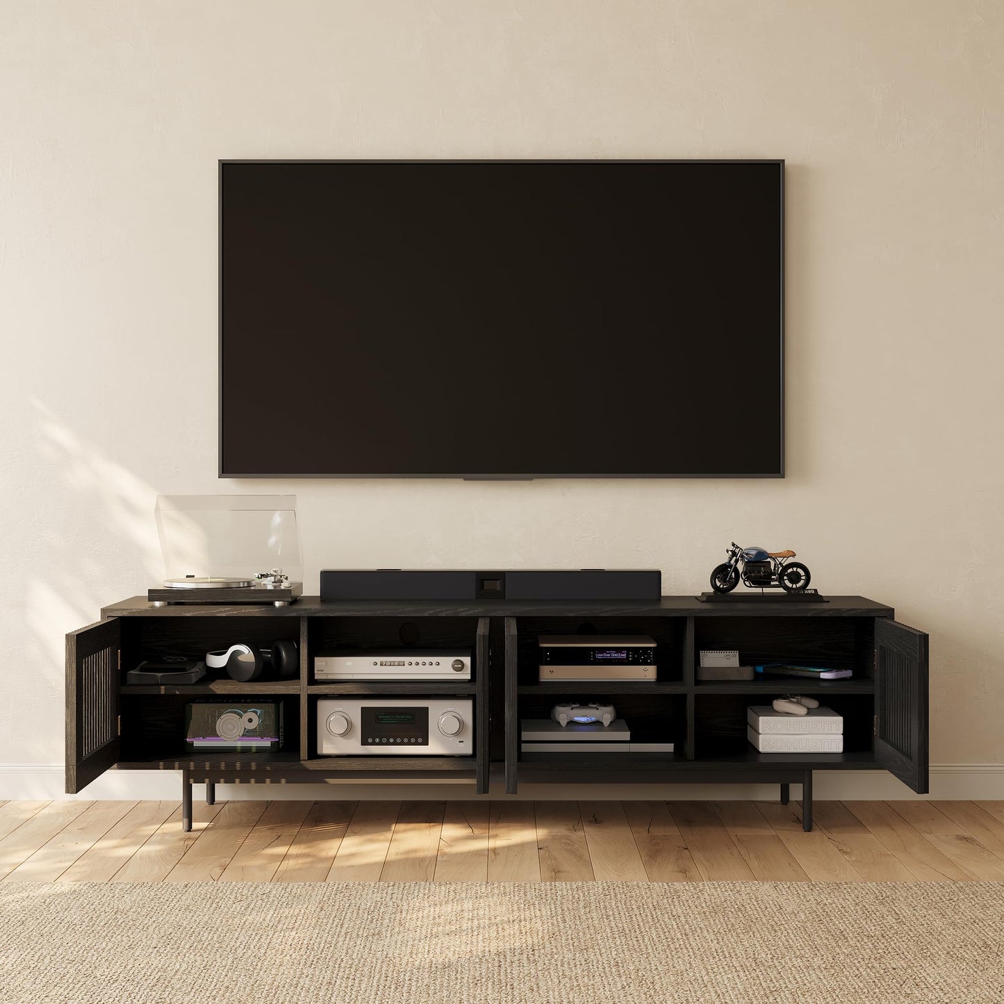 POVISON Mid-Century Modern TV Stand with Slatted Doors, Fully Assembled 78.74" Wood Media Console, TV Console with Tall-cast Metal Legs, Entertainment Center with Storage for Living Room
