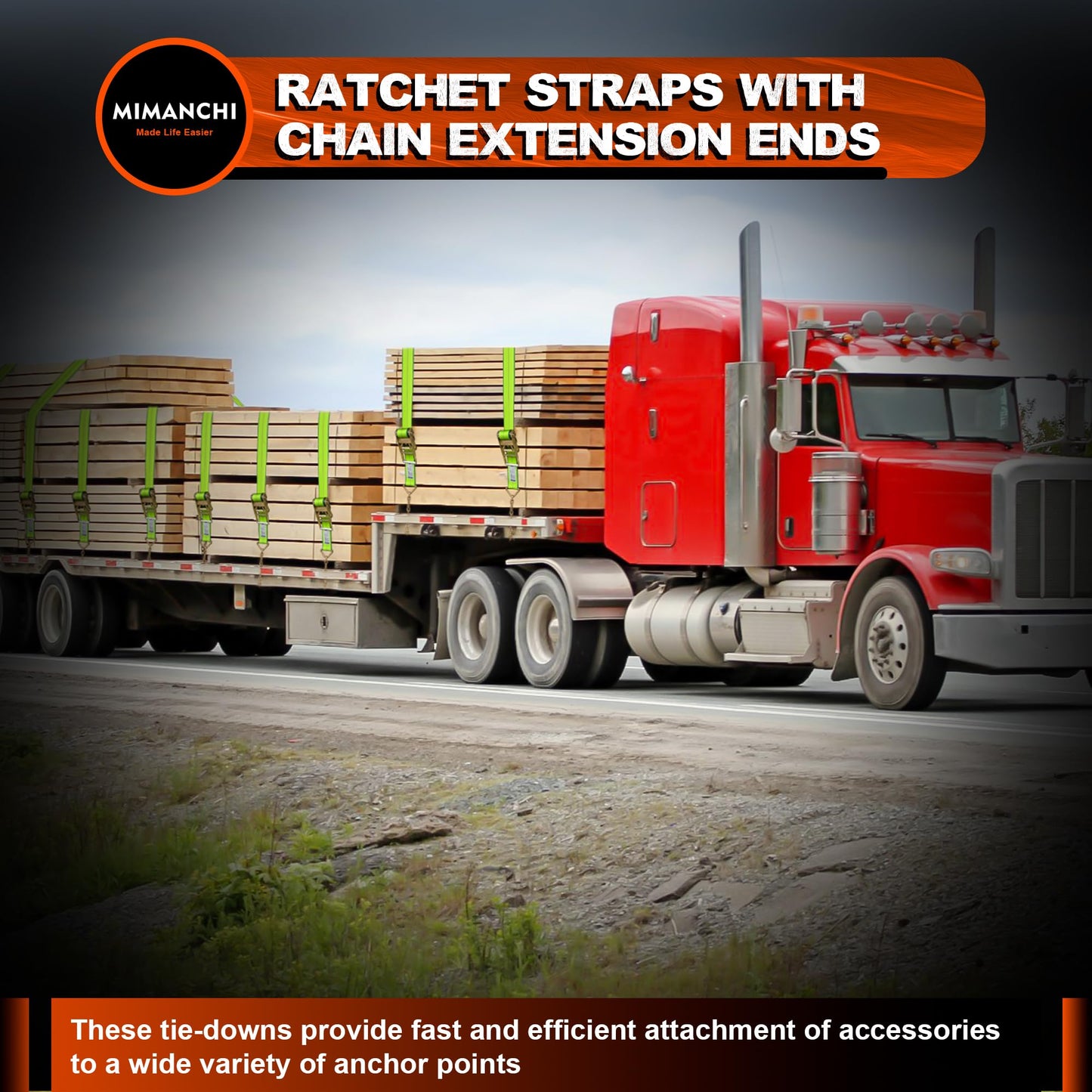 Mimanchi 4 inch 40 ft Ratchet Straps with Chain Extension Ends,2 Pack,Heavy Duty Tie Down Straps with Grade 70 Chain Hook, Flatbed Equipment for Trucks and Trailers Cargo Control