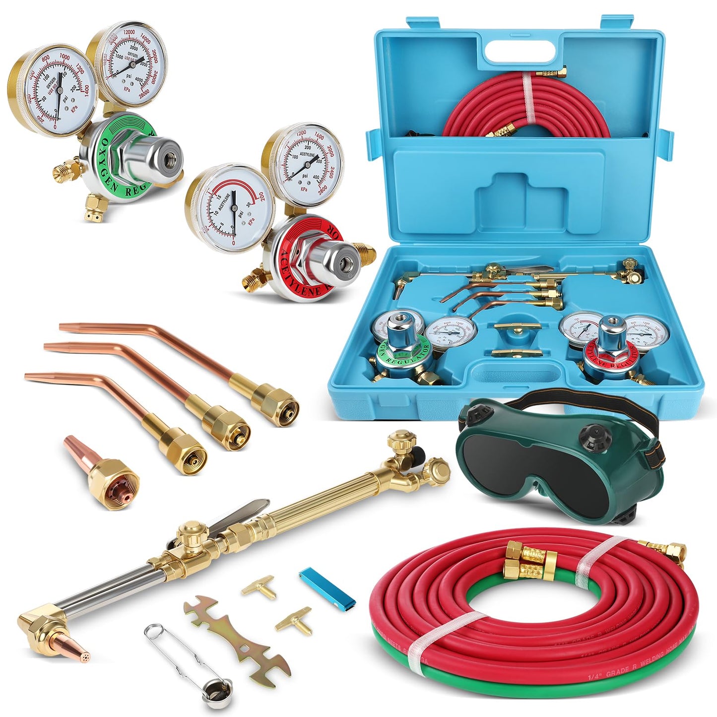Professional Oxygen Acetylene Torch Kit, Heavy-Duty Cutting Welding Torch Welder Set with Two Hoses, Precision Regulator Gauges, Durable Blue Storage Case