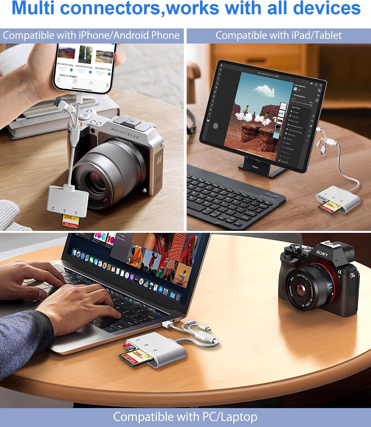 Bawanfa Plus 3-in-1 16/15/14, SD Card Reader for iPhone with USB-C & Lightning - SD MicroSD xD-Picture Cards Memory