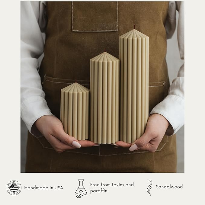 LAWA Ribbed Peak Pillar Candle - Large Beautiful Handmade Pillar Scented Soy Wax Candle Elegant Bubble Aesthetic Candle Housewarming Gift Home Room Shelf Decor Idea White (Set of 3, Olive Beige)