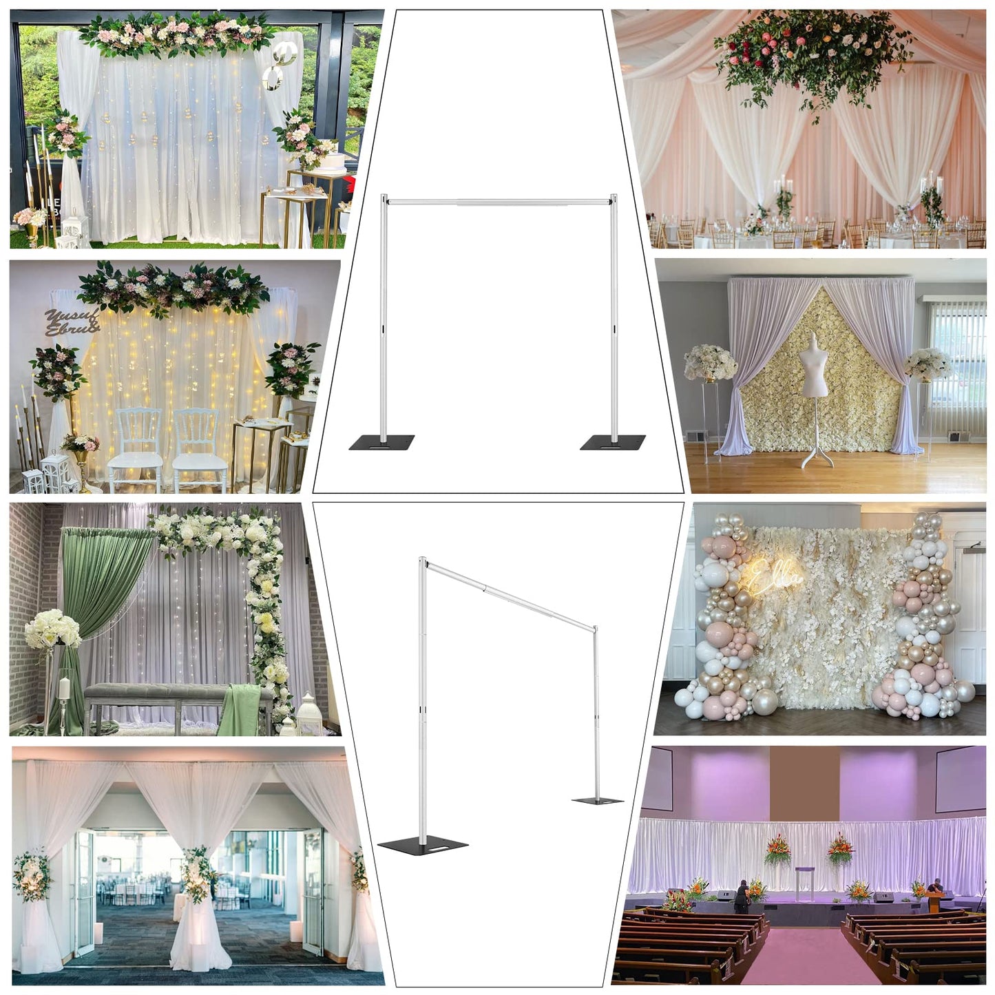 Hecis Pipe and Drape Backdrop Stand,8ft x 10ft Backdrop Stand, Adjustable Metal Heavy Duty Wedding Background for Parties Birthday Party Baby Shower Wedding Decorations