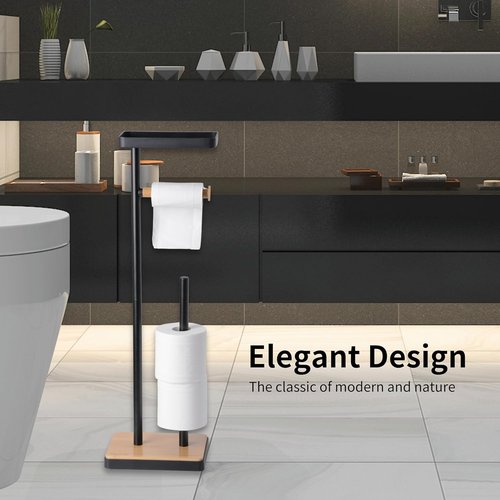Clasin Home Toilet Paper Holder - Free Standing Design with Storage & Top Shelf | Black Bamboo Style