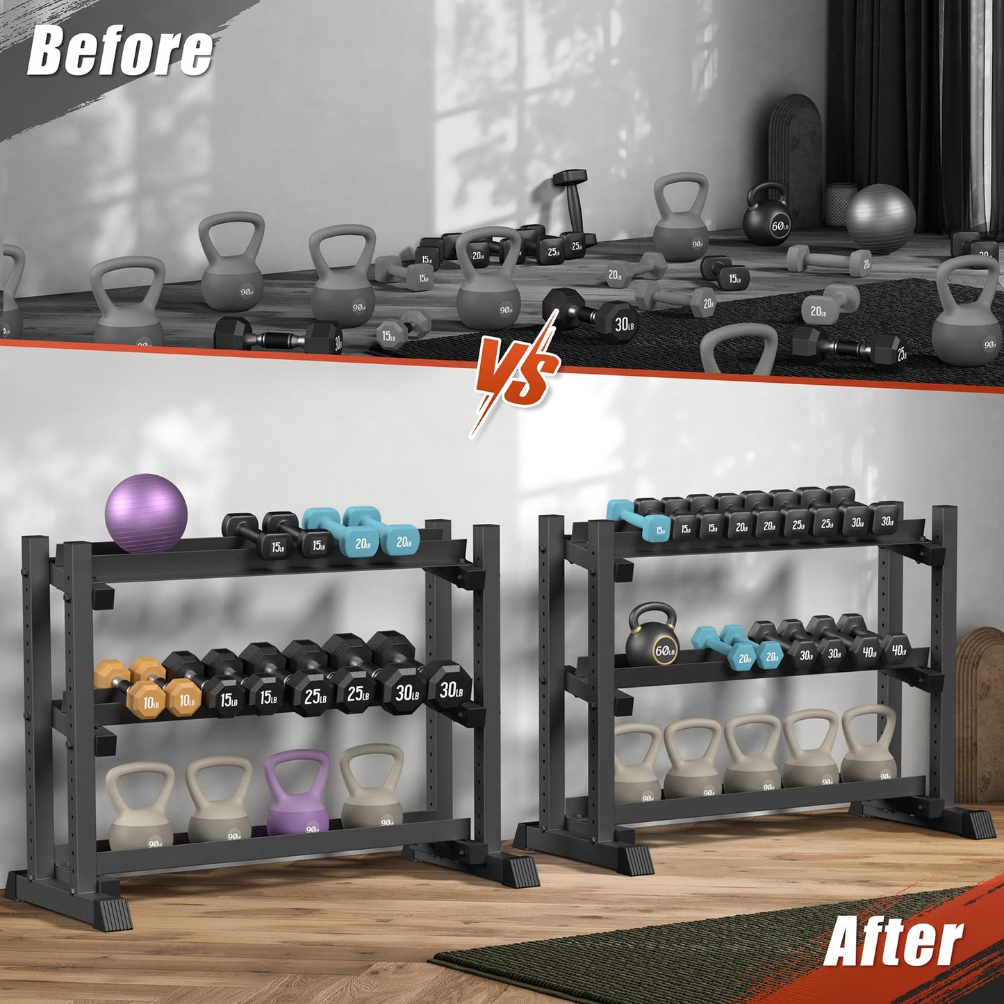 3-Tier Dumbbell Rack, 1200LB Capacity Adjustable Weight Rack for Home Gym, Heavy-Duty Weight Stand for Dumbbells Kettlebells & Weight Plates(Rack Only)