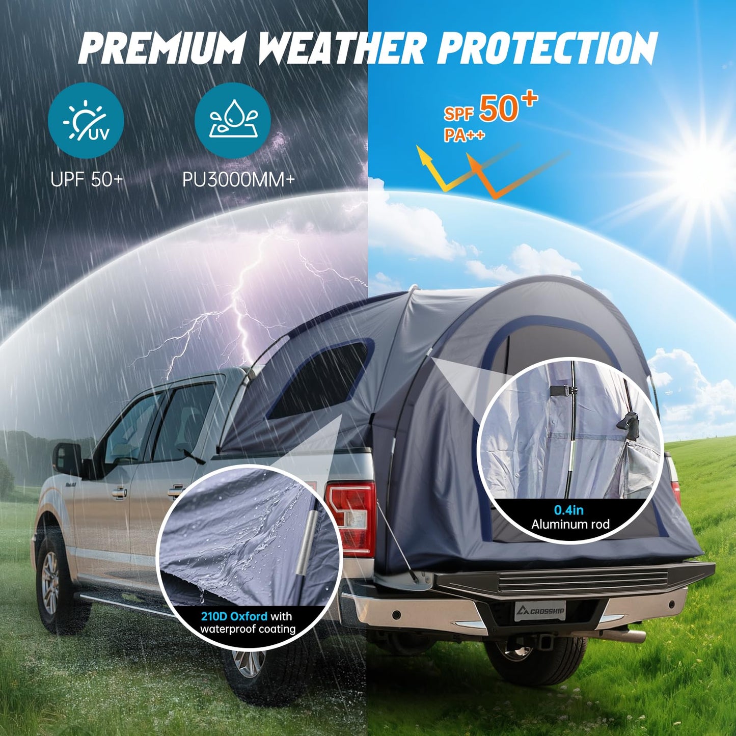 CROSSHIP 2-Person Truck Bed Tent with Awning, PU3000mm Waterproof Canopy with Insect-Prevention Mesh, Durable Anti-Tear Fabric, Easy Setup for Pickup Trucks (Fits 5.5–6ft Beds)