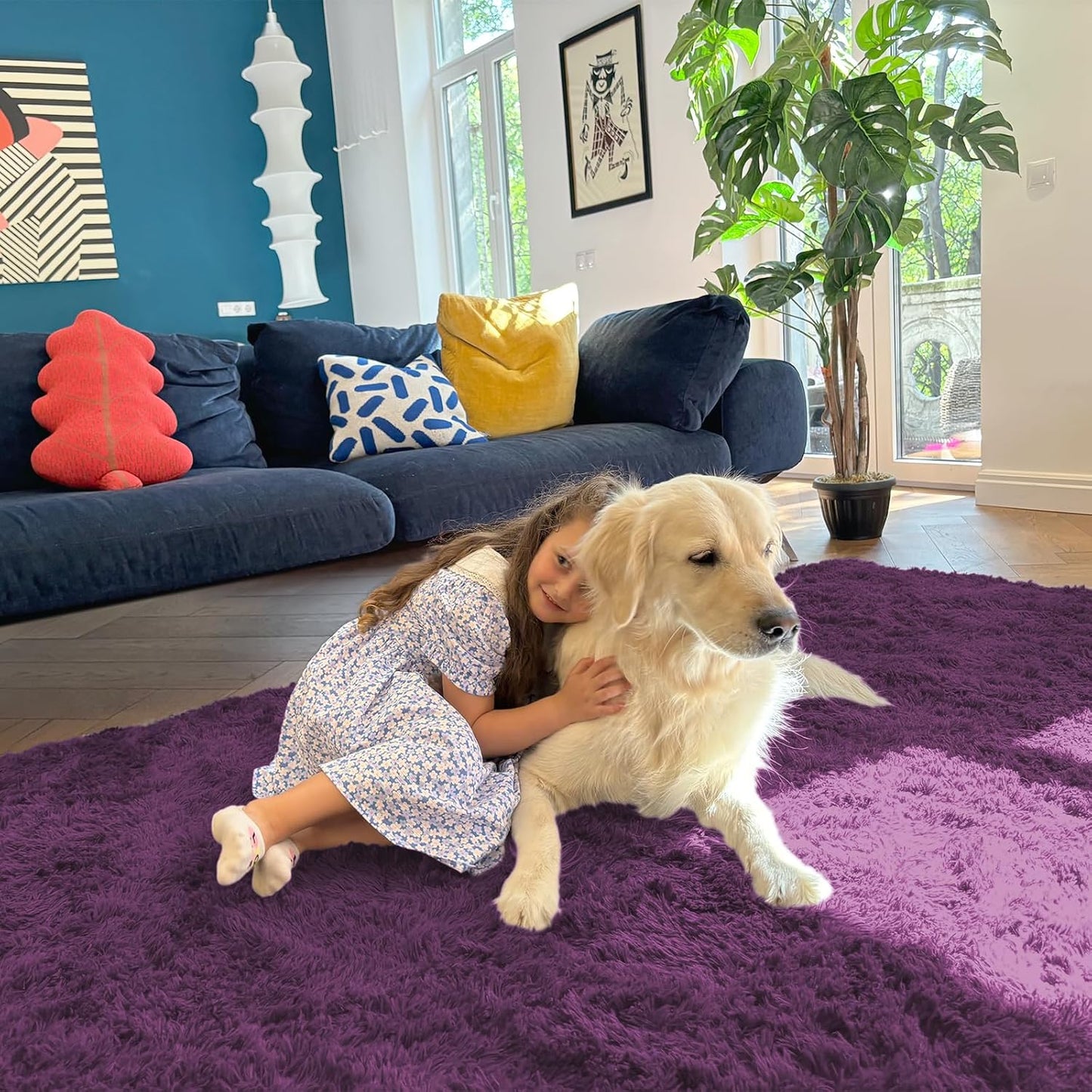 OLANLY Area Rug - Soft Fluffy Shaggy Carpet for Living Room & Bedroom - 4x5.9 ft Dark Purple