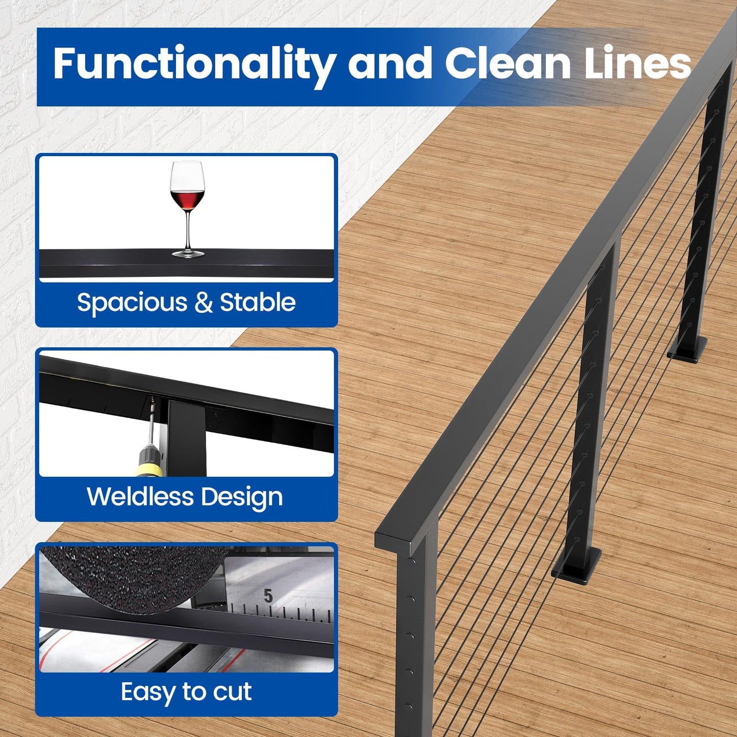 Muzata 6'6" Black Cable Railing Handrail Rectangular Stainless Steel Handrail for Cable Railing System Top Rail Deck Stair Indoor Outdoor Length Adjustable with Paper User Guide HT10 BP4