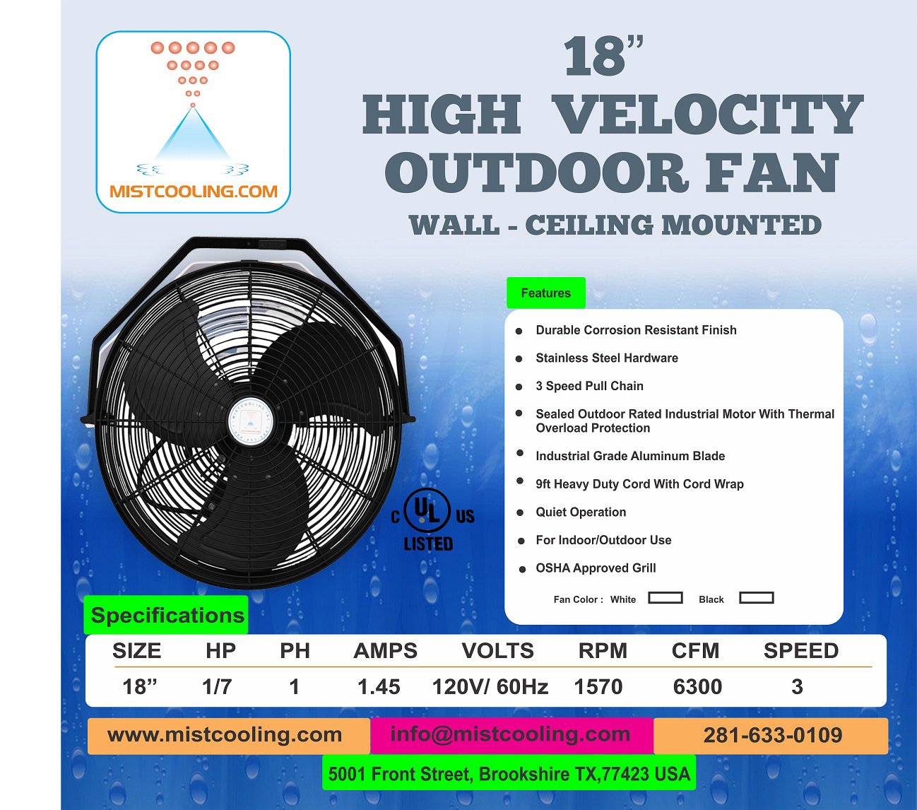 Black 18 Inch Misting Fan - Patio Outdoor Mist Fan For Residential, Restaurant and Commercial Use