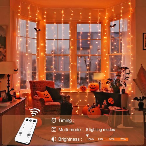 JMEXSUSS 300LED Orange Halloween Lights - 9.8x9.8ft Curtain String Lights with Remote | 8 Modes for Indoor/Outdoor Decor