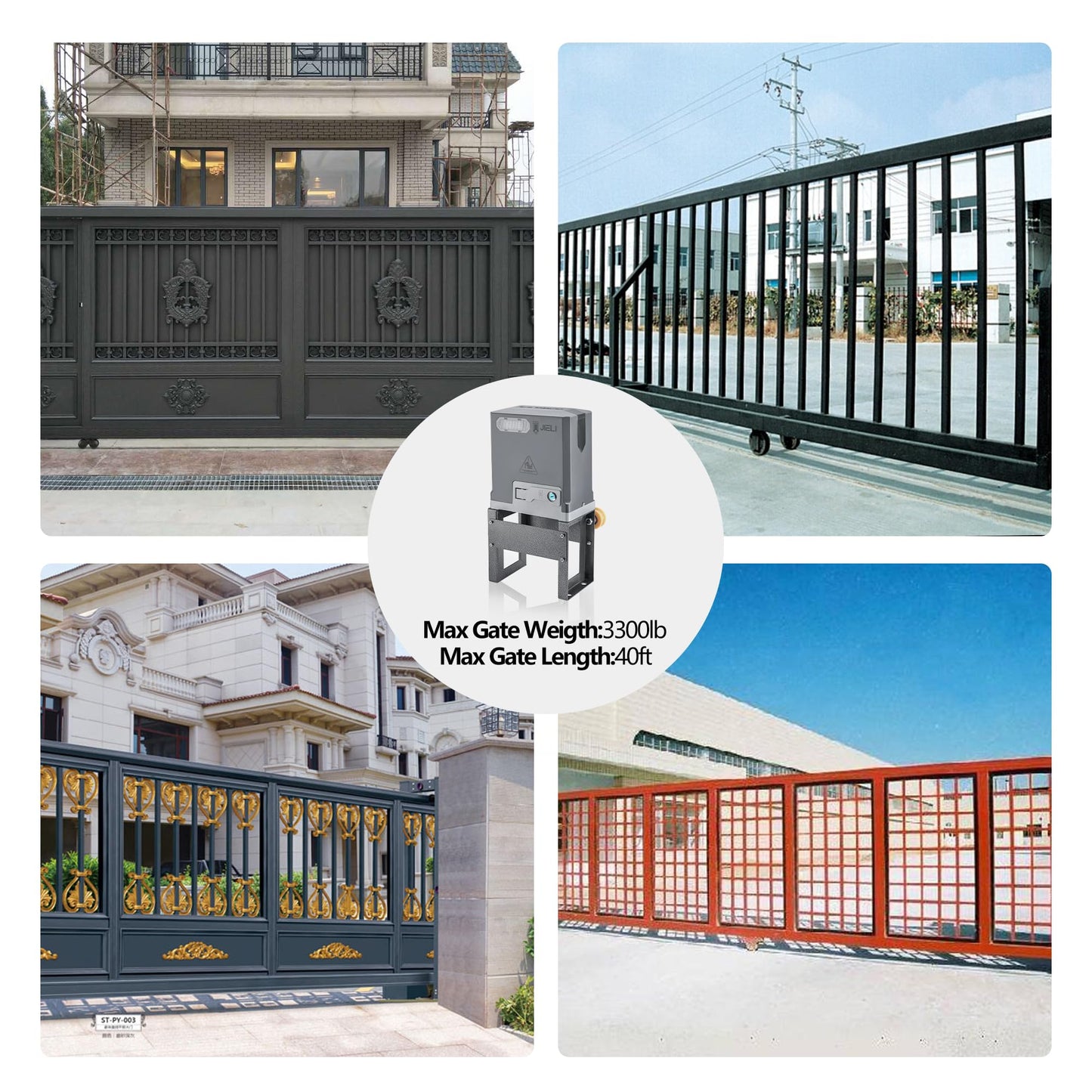 JIELI 3300 lb Automatic Sliding Gate Opener with 4 Remote Controls, Electric Rolling Driveway Slide Gate Motor, Complete Gate Operator Hardware Security System Kit for Sliding Gate Up to 40 Feet