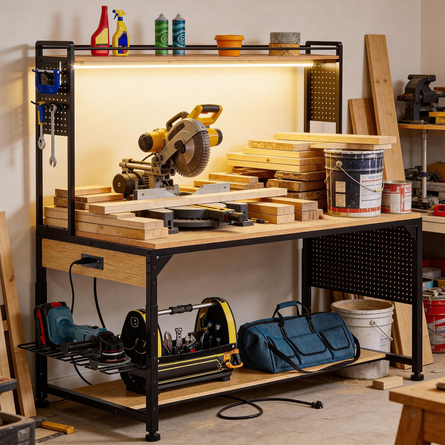 DWVO 59in Large Adjustable Height Workbench with Pegboard, 1100lb Heavy Duty Work Bench on Wheels, 59"x31" Work Table with AC/USB Outlet, Storage Shelf, LED Light, Hooks, for Garage, Workshop, Home