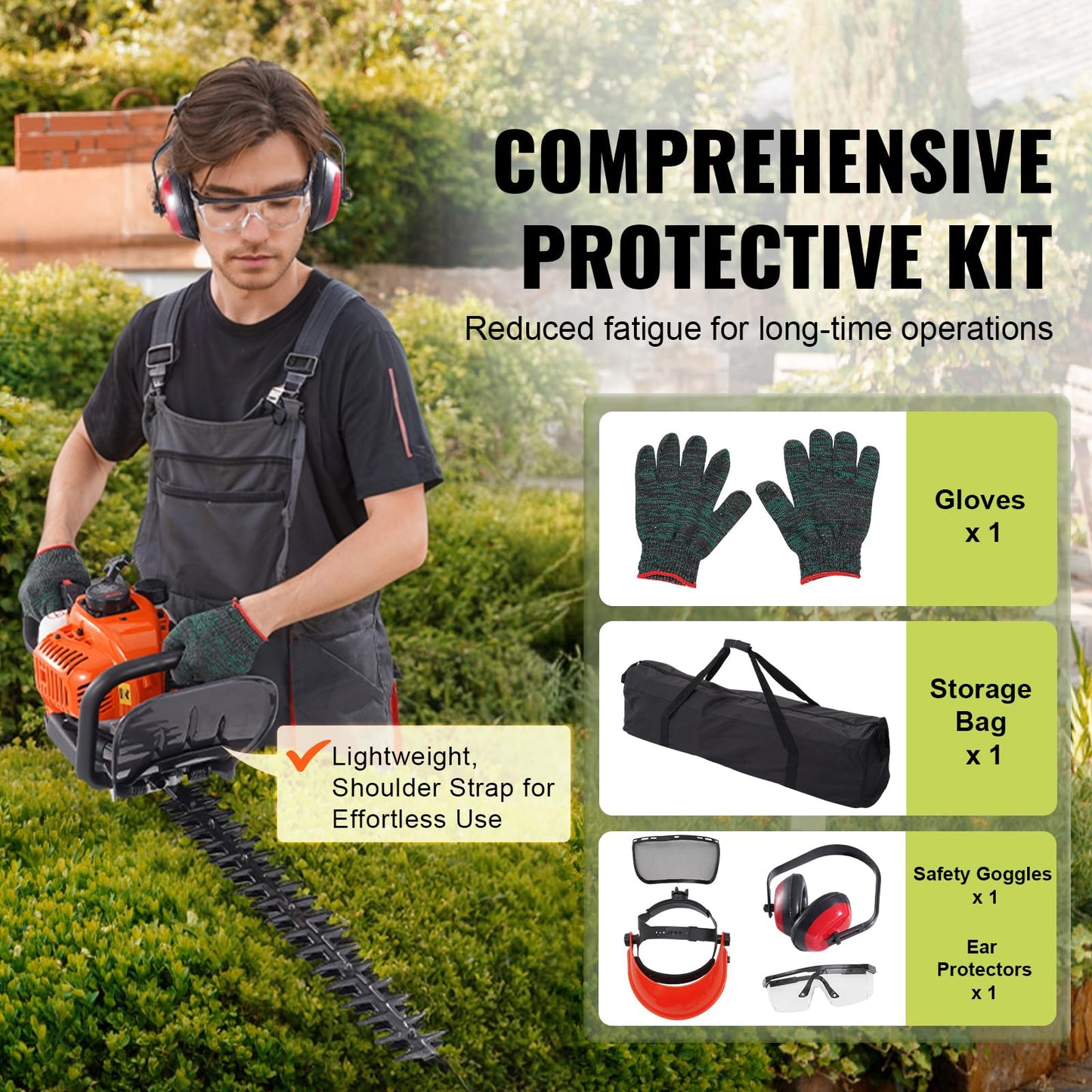 VEVOR Gas Hedge Trimmer 2 Cycle, 23.2-Inch 26cc Dual Sided Blade, Handheld, Lightweight, EPA, CE, EMC Certified, Ideal for Trimming Shrubs and Bushes, Includes Blade Cover, Gloves and Ear Protectors