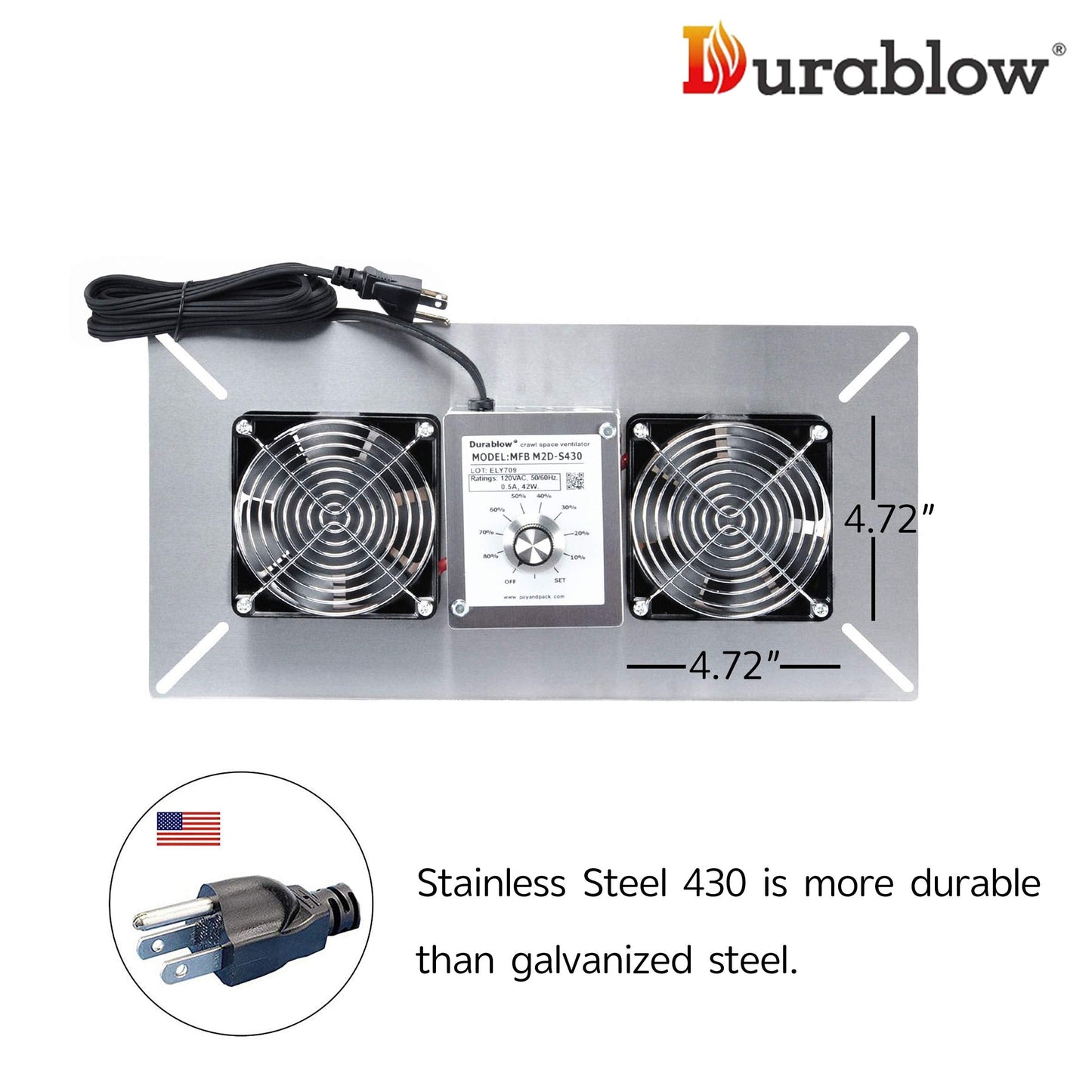 Durablow 220 CRM Air-Out + Air-In Crawl Space Vent Fans Bundle (Stainless Steel, M2D-S430 + M2D-S430-N)