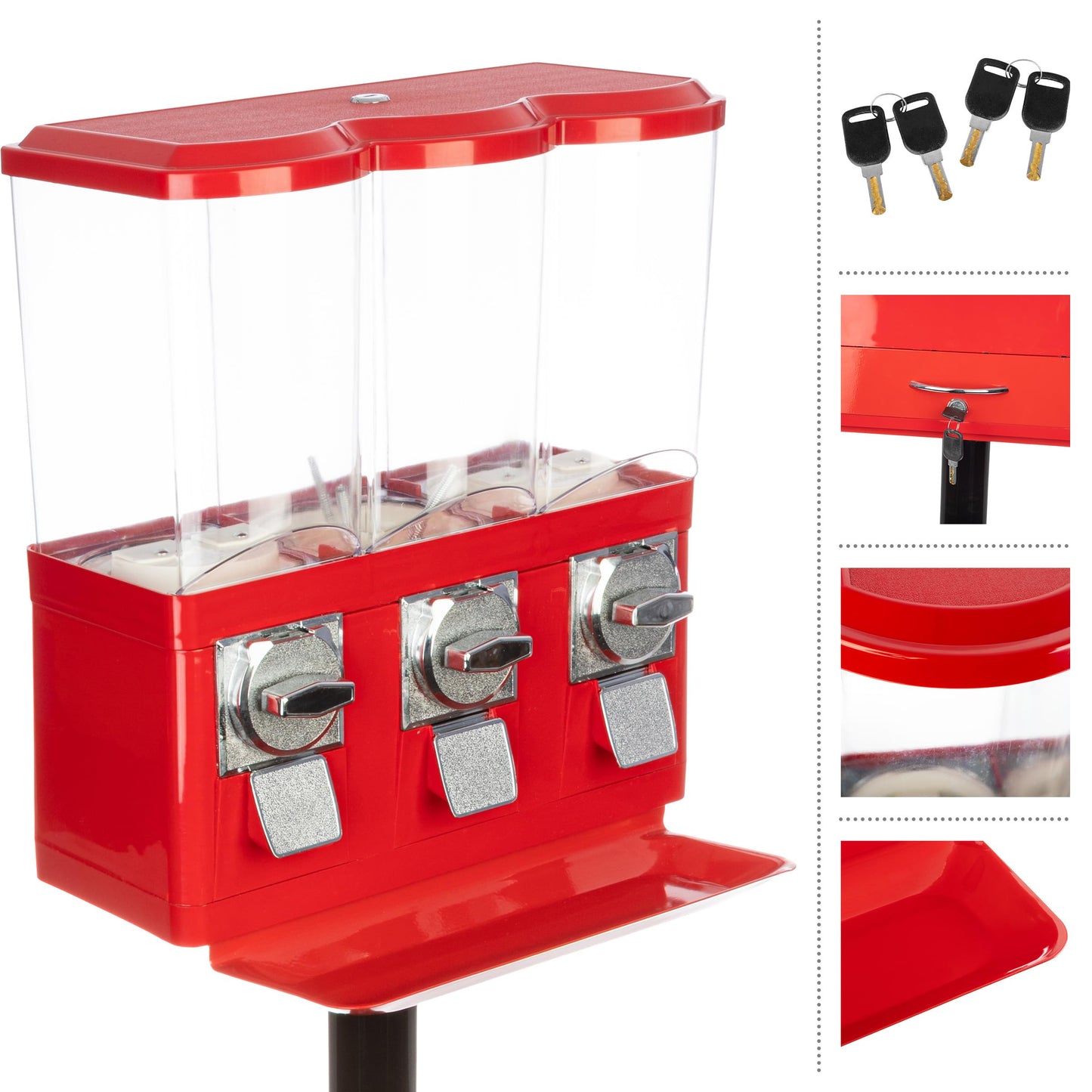 Gumball Machine - Triple Candy Machine Dispenser for Gumballs, Capsules, and Candy - Vending Machines for Business by Great Northern Popcorn (Red)