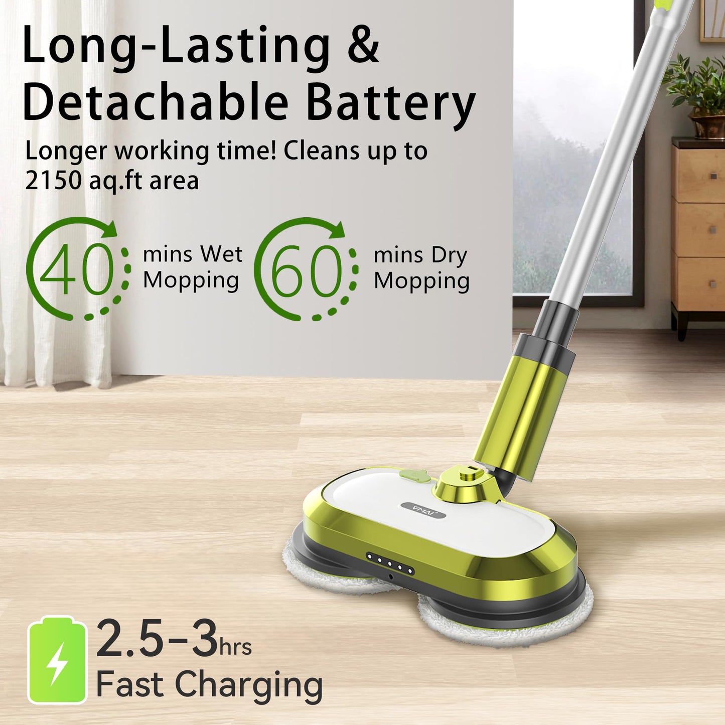 VMAI Cordless Electric Mop with Water Spray & Detachable Battery, Rechargeable Floor Spin Mop & Scrubber with LED Headlights, Washable Pads, Lightweight for Hardwood Tile Marble Floor Cleaning