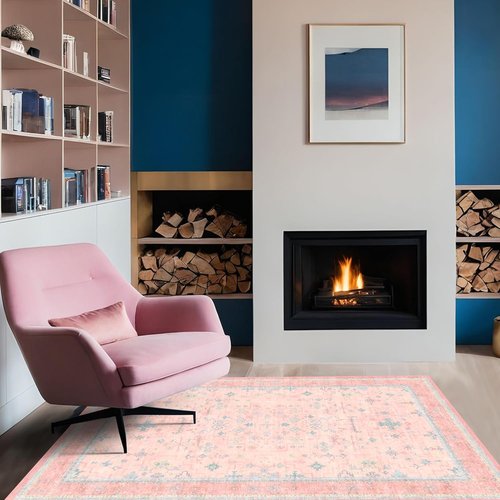Hazo Haus Nursery Area Rug - Charming Boho Vintage Design | Washable 4x6 Pink Rug for Kids' Rooms
