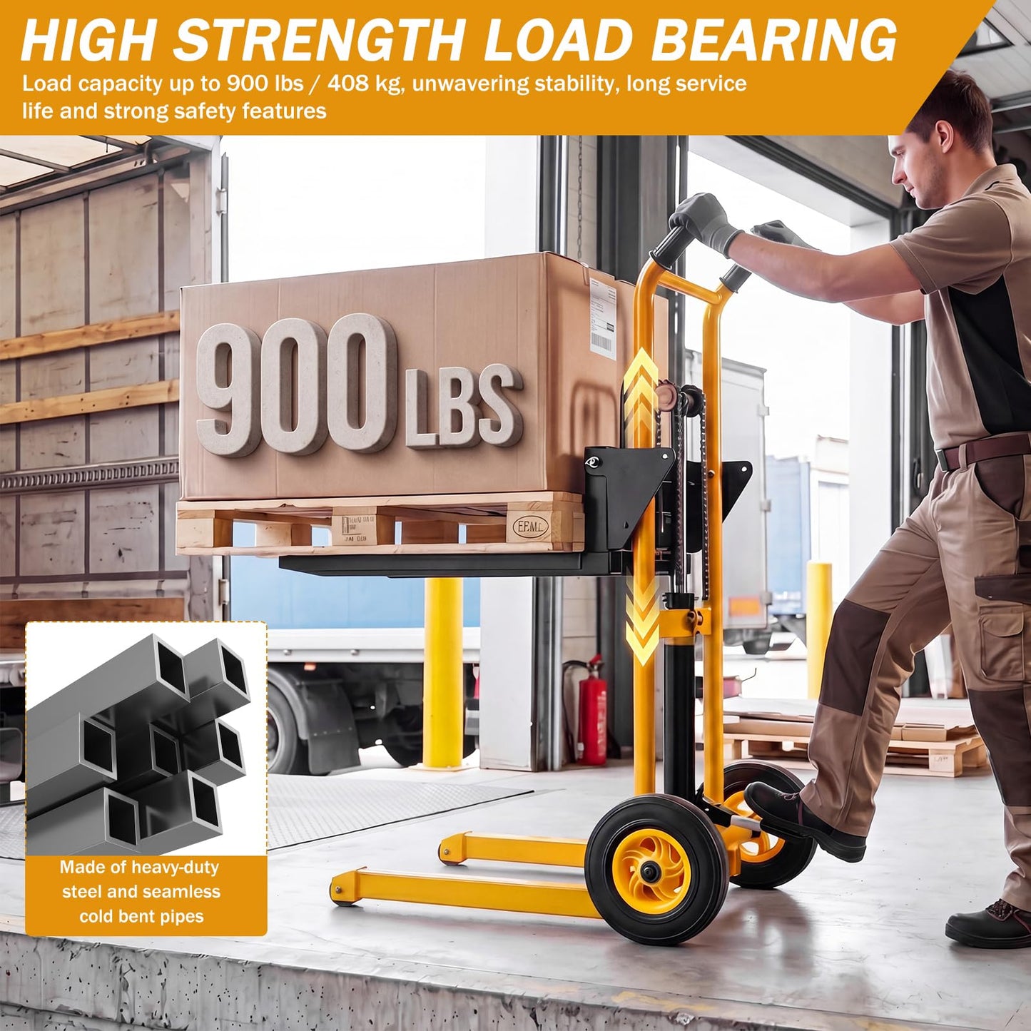 900 lb Hydraulic Material Lift Stacker, Manual Pallet Truck Dolly with Lift Table, 40" Max Lift Height, Steel Fork Platform Cart with Swivel Casters for Warehouse & Industrial Use (Yellow & Black)