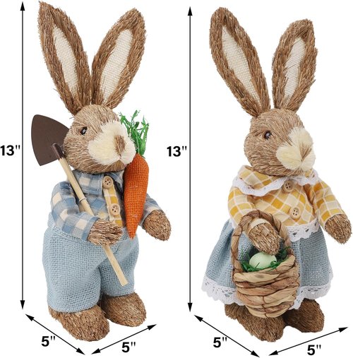DR.DUDU Easter Bunny Figurines - Set of 2 Rustic Straw Rabbit Statues for Spring Decor | 13-Inch Tabletop Ornaments