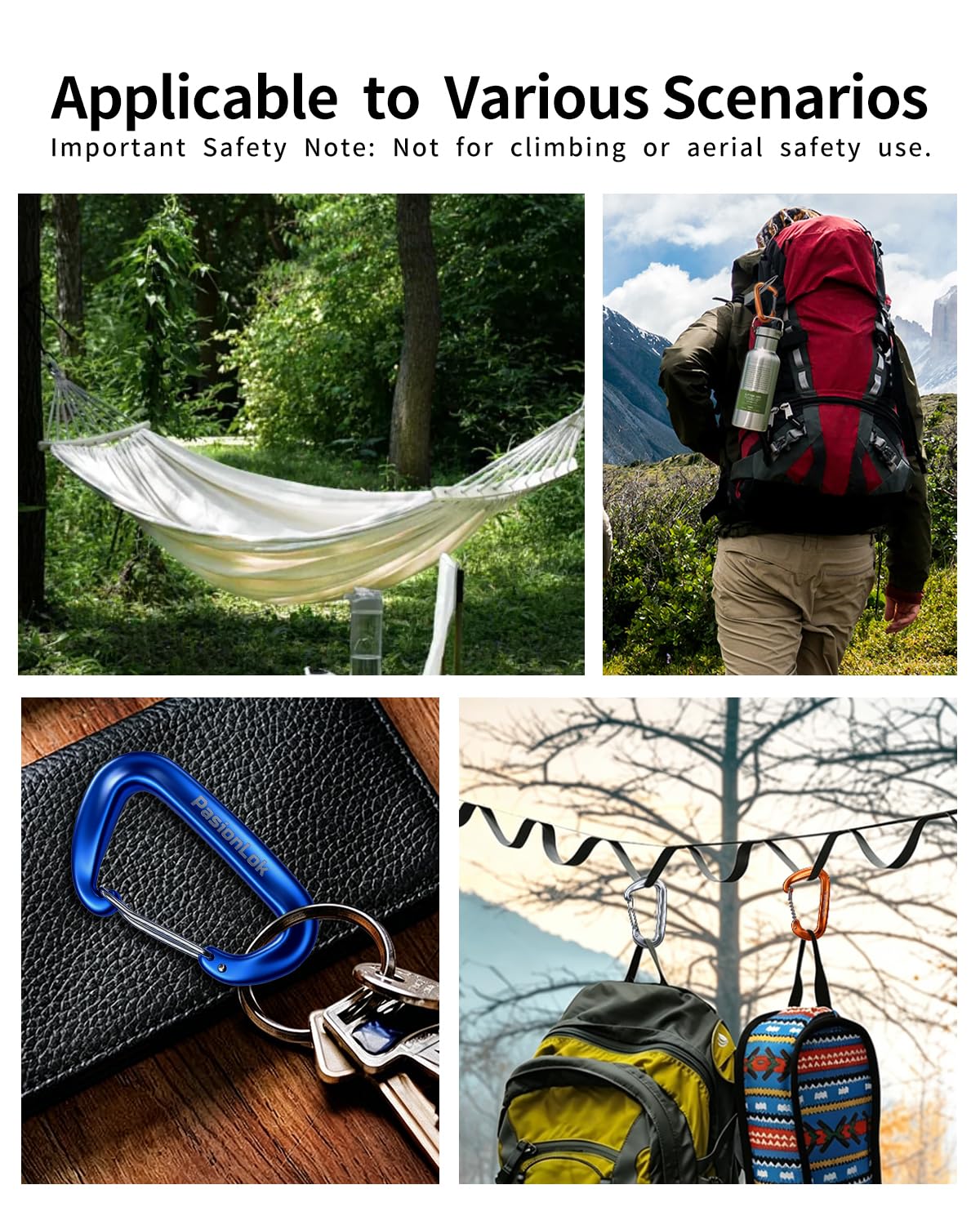 PasionLok Carabiner Clips Heavy Duty 12KN, 4 Pack Aluminum Carabiner Keychain, Small D Ring Hook for Hammock Camping Essentials, Backpack Key Ring Clip, Dog Leash, Multi Color
