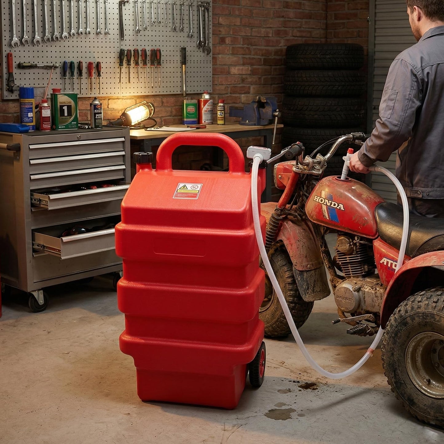 Weetron 16 Gallon Fuel Caddy with 3.8 GPM Fuel Transfer Pump,Portable Fuel Tank with 6.5 ft Extra Long Hose & 5 Can Adapters,12V DC/AA Battery Powered,Suitable for Gasoline,Diesel-Red