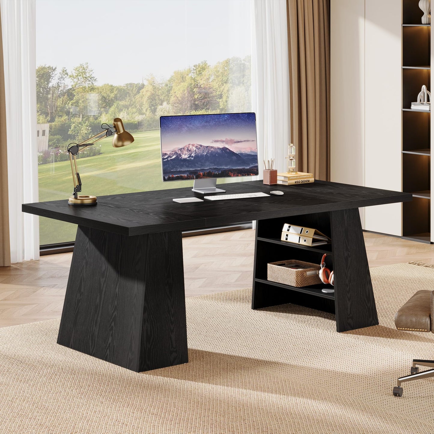 Tribesigns 63-Inch Executive Desk, Modern Black Office Desk with Double Pedestal and Storage Shelves, Simple Large Computer Writing Conference Table Workstations Business Furniture for Home Office