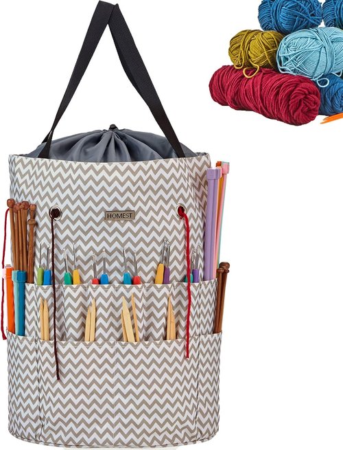 HOMEST Large Crochet Bag - Custom Front Compartment for Yarn Storage | 6 Oversized Grommets, Drawstring Closure