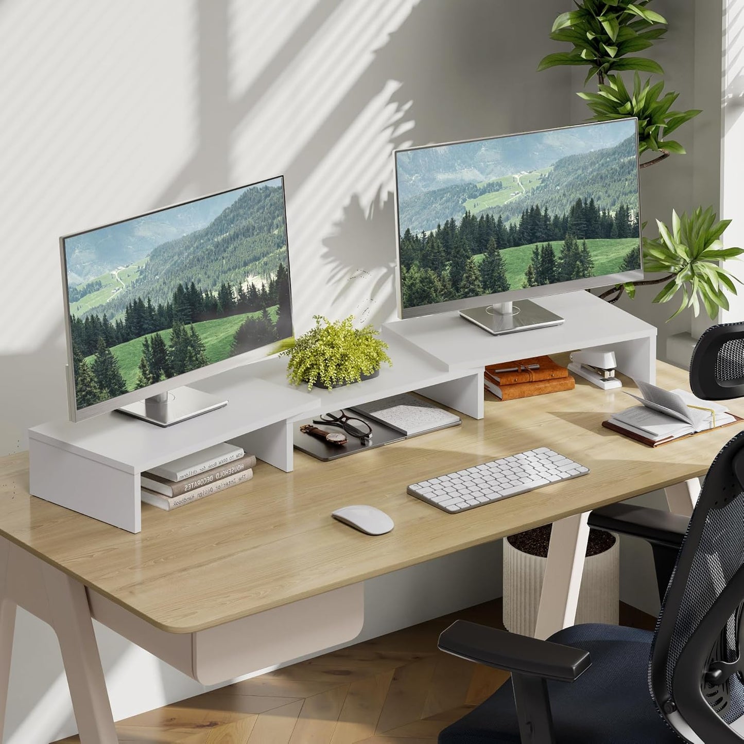 3 DT108008WW FITUEYES Dual Monitor Stand Shelf Computer Monitor Riser, Wood Desktop Stand with Adjustable Length