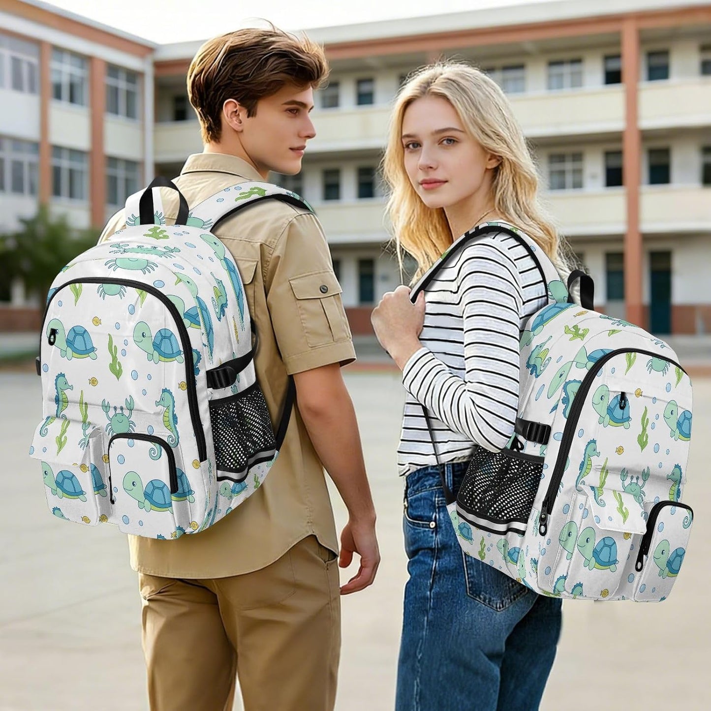 Bolaz Backpack 14 Inch Turtle Seahorse Crab Travel Laptop Computer Bag Sturdy School Bag College Bookbag