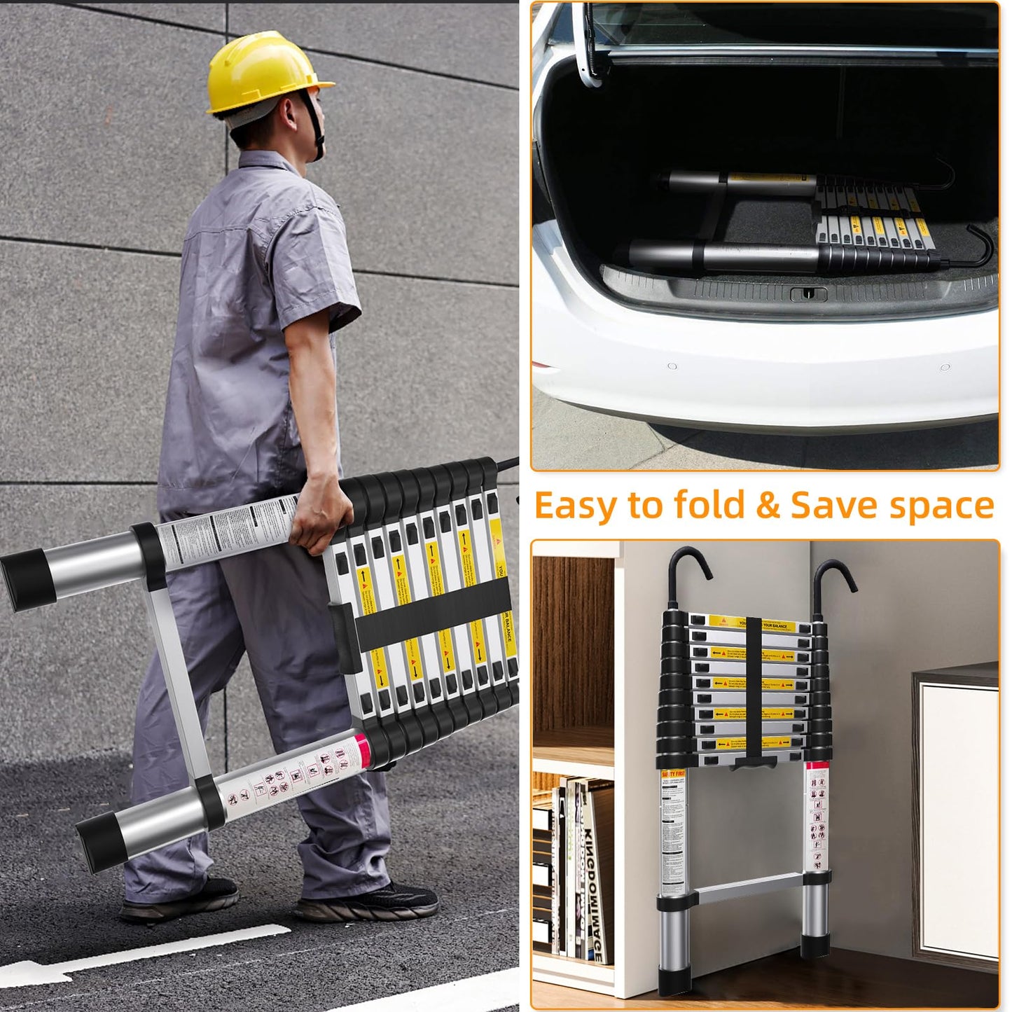 ZenAscend 10.5ft Telescoping Ladder, Multi-Purpose Collapsible Ladder with Hook, Aluminum Extension Ladders for Home, Folding Telescoping Ladder for RV, Attic, Daily Use at Home, 330 lbs…