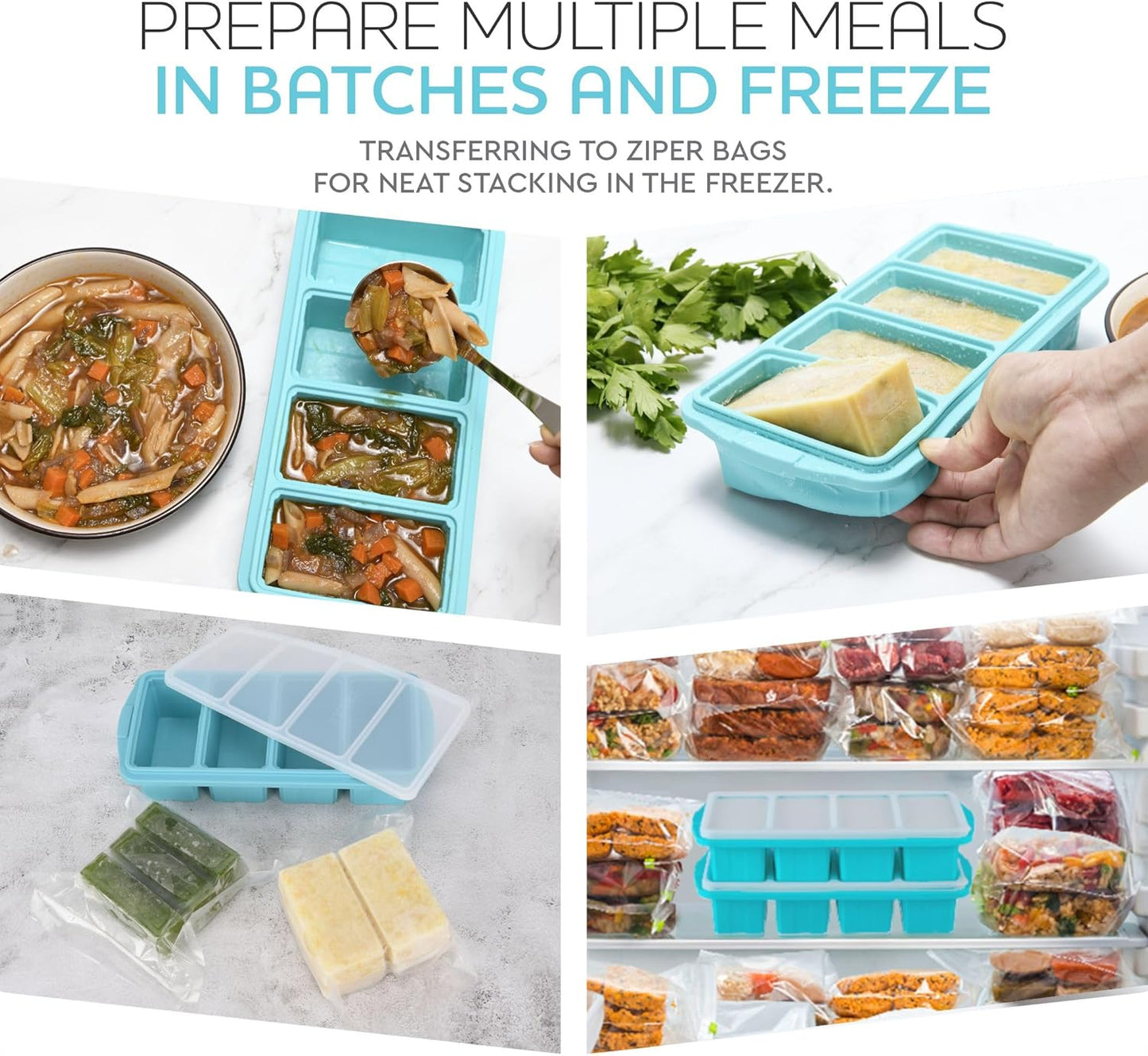 XOMOO Silicone Freezer Tray With Lid | Large Ice Cube Molds for Soup & Meal Prep - 2-Pack, Dishwasher Safe