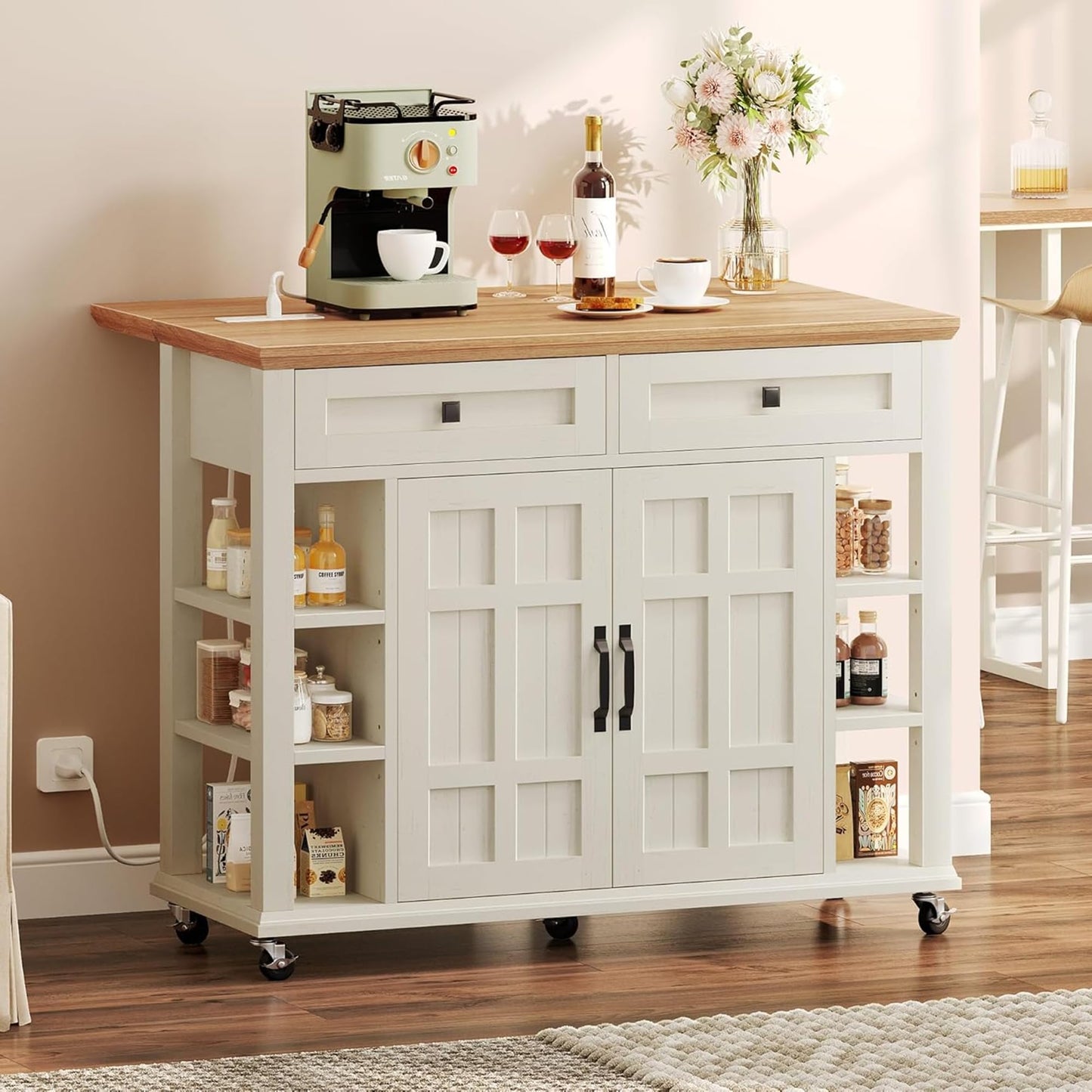 DWVO Rolling Kitchen Island with Drop Leaf, Mobile Storage Islands with Power Outlet Foldable Tabletop, 2 Drawers and Open Shelves, for Living Room, Dining Room, Off White