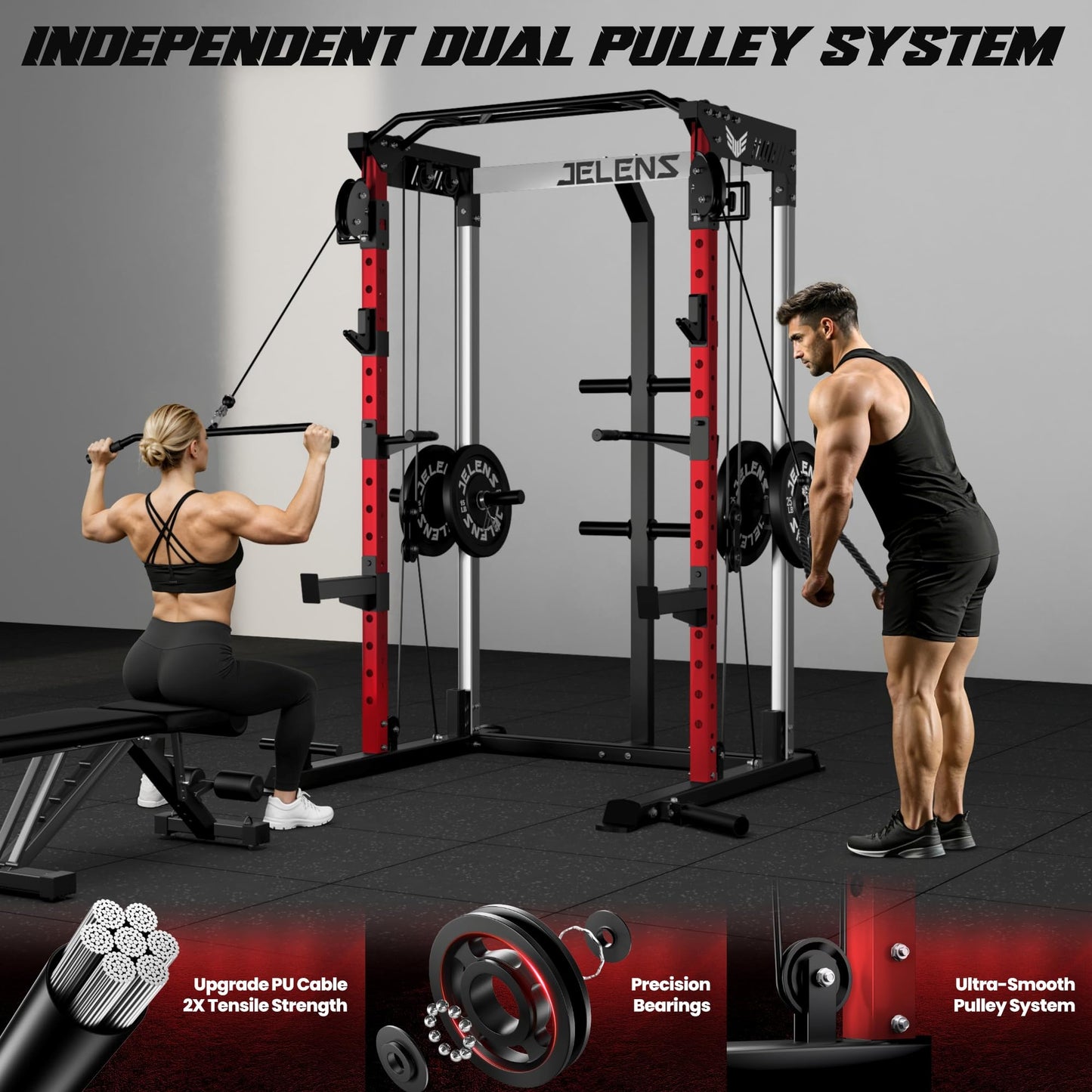 JELENS C21 Power Cage, 2000LBS Multi-Function Power Rack with Independent Dual Pulley System, All-in-One Squat Rack for Cable Crossover, Home Gym Workout Machine (Red, C21 Power Cage)