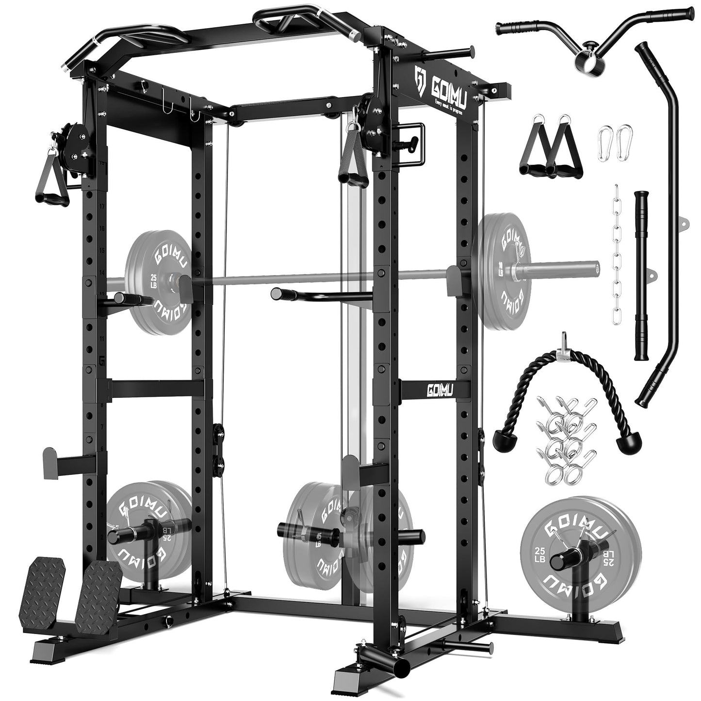 GOIMU RH01 Power Cage Rack, 2000LBS Squat Rack with with Cable Crossover System&LAT Pull Down System, Multi-Function Workout Cage for Home&Garage Gym (Black, RH01 Power Cage)