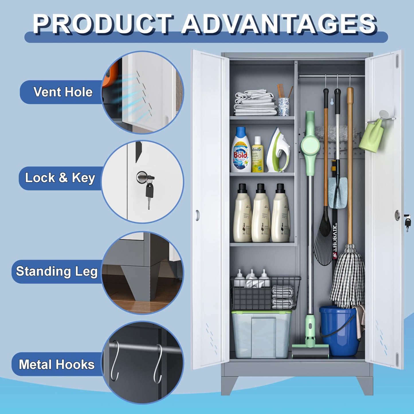 CBNTKI 61" Broom Storage Cabinet, Cleaning Tool Storage Cabinet, Garage Utility Storage, Metal Broom Closet for Home, Garage, Utility Room, Hanging Rod (Gray White, Door-2)