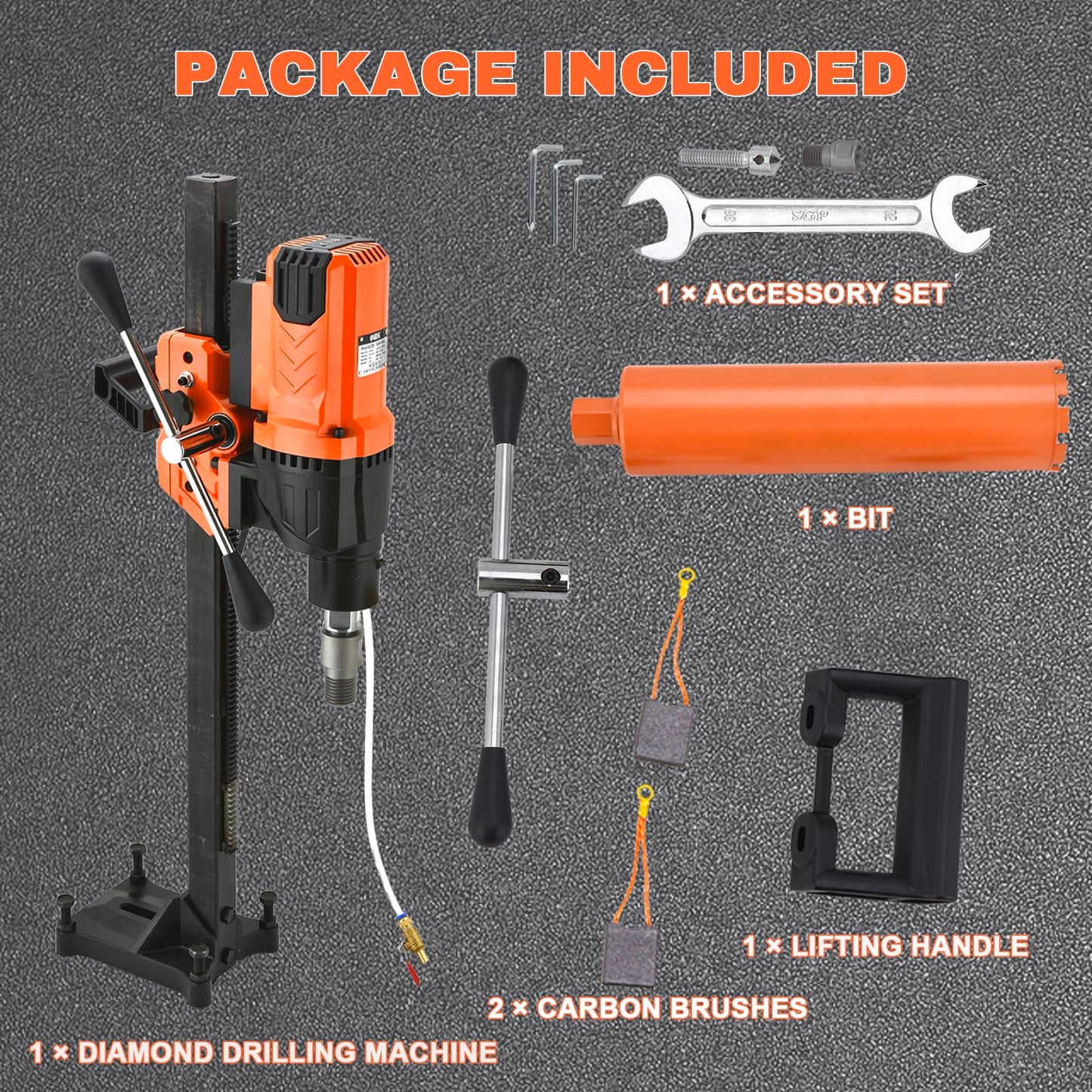 BHTOP Diamond Core Drilling Machine with Bit, 8 in Wet Concrete Core Drill Rig with Stand Wheel, 750RPM Speed & 1-1/4" Thread & Lifting Handle, Drilling Diameter for Concrete Brick Stone
