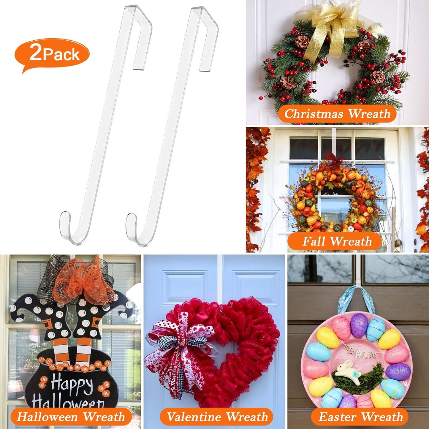 Skiennix 12-Inch Wreath Hangers - Clear Over-The-Door Hooks, 2-Pack Non-Scratch Design for Holiday Decor