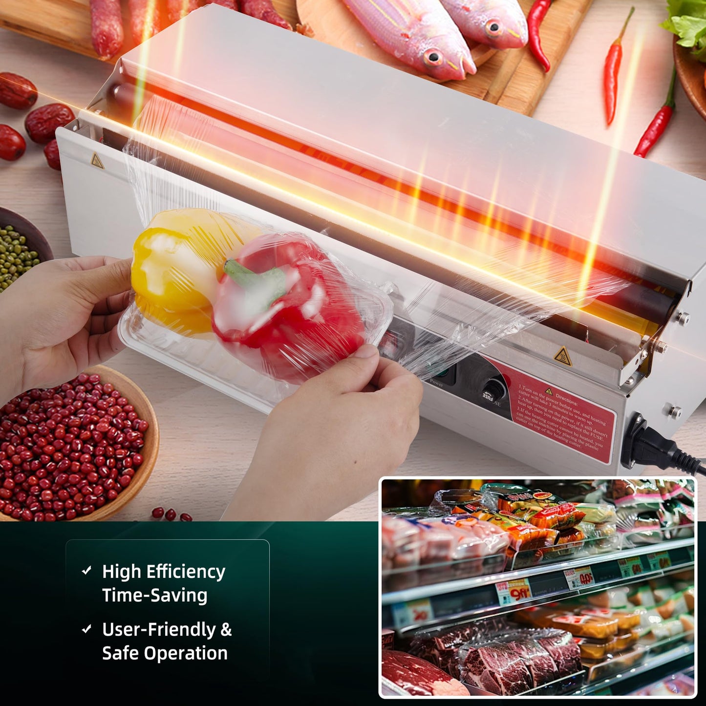 18 Inch Stainless Steel Hand Wrapping Machine & Film Dispenser with Electric Heated Cutter for Commercial Kitchens