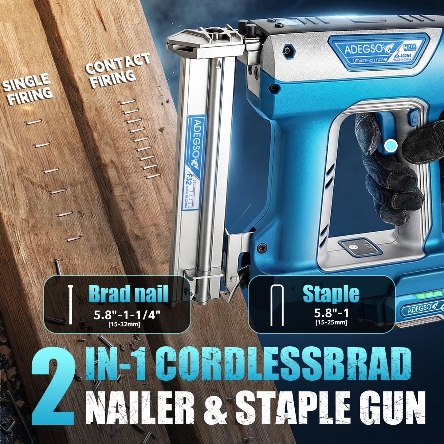 ADEGSO Cordless Brad Nailer Stapler, 18 Gauge 2-in-1 Battery Powered Nail Gun Kit with 2x 2.0Ah Batteries, Fast Charger & 1000 Nails & Staples Included, Ideal for Woodworking, Trim & DIY Projects