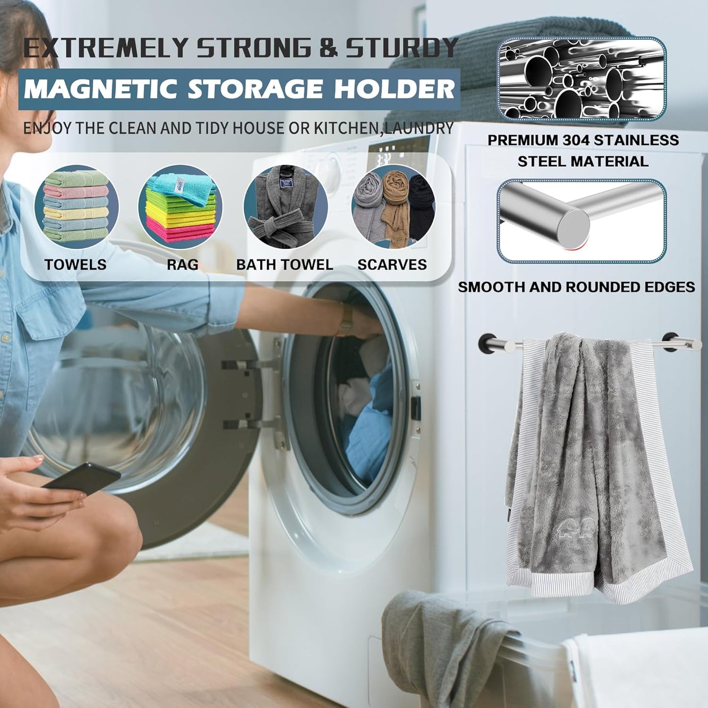 ULIBERMAGNET Magnetic Towel Holder - Adjustable Length Brushed Nickel Stainless Steel Rail | 2 Pack