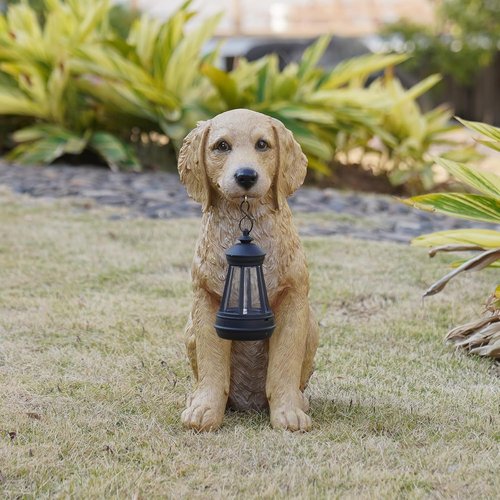 Cynkeyee Golden Retriever Puppy Statue - Solar Outdoor Dog Figurine for Garden Decor | 13.5x7.5x15.5 Inch