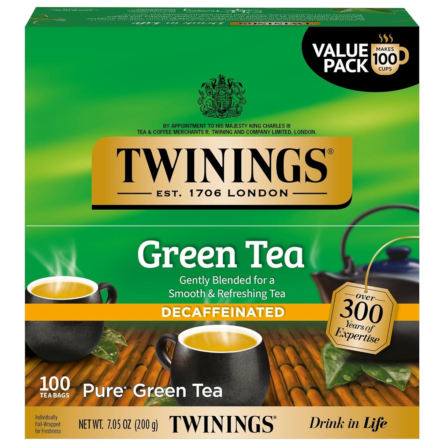 Twinings Decaffeinated Green Tea - Smooth Flavor & Enticing Aroma - 100 Individually Wrapped Teabags