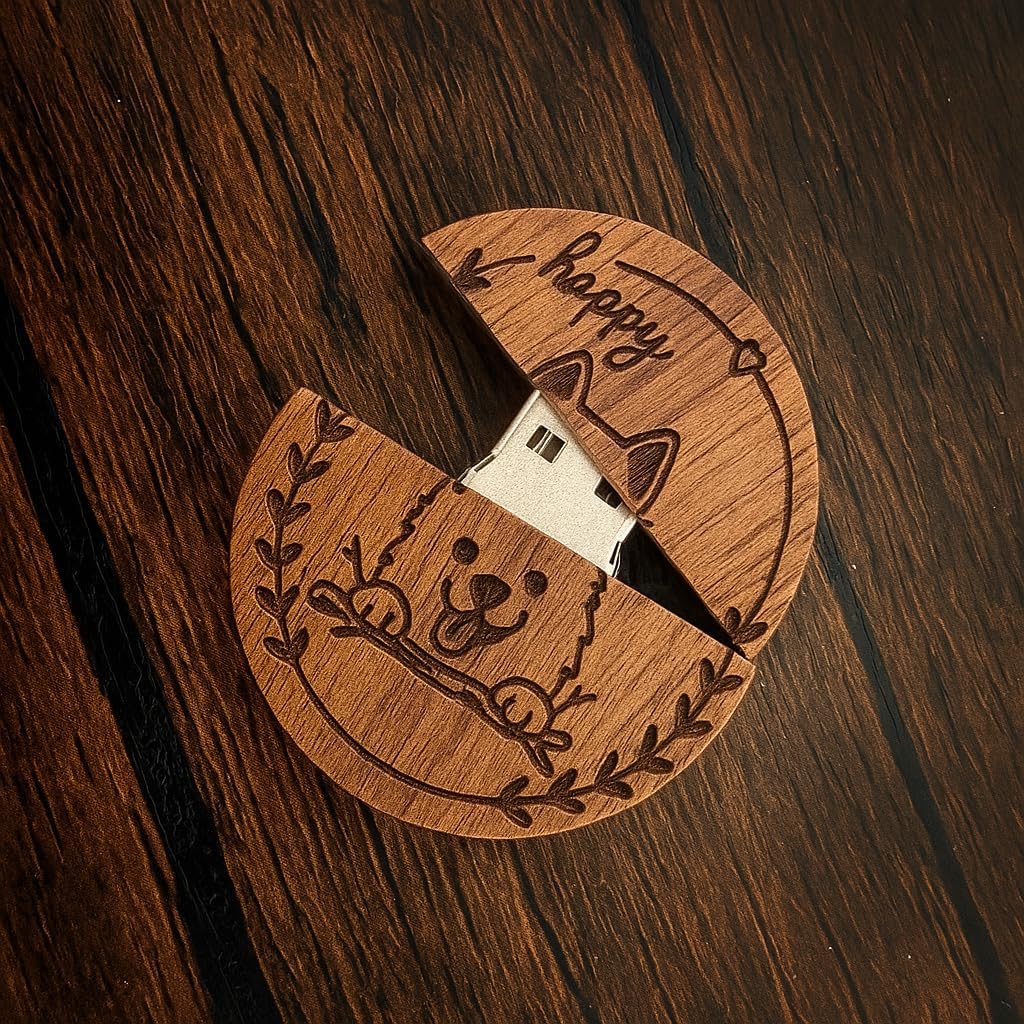 LONMAIX 16GB Round Walnut Wood USB Flash Drive - Laser-Engraved Cute Dog Design, Gift & Party Favor