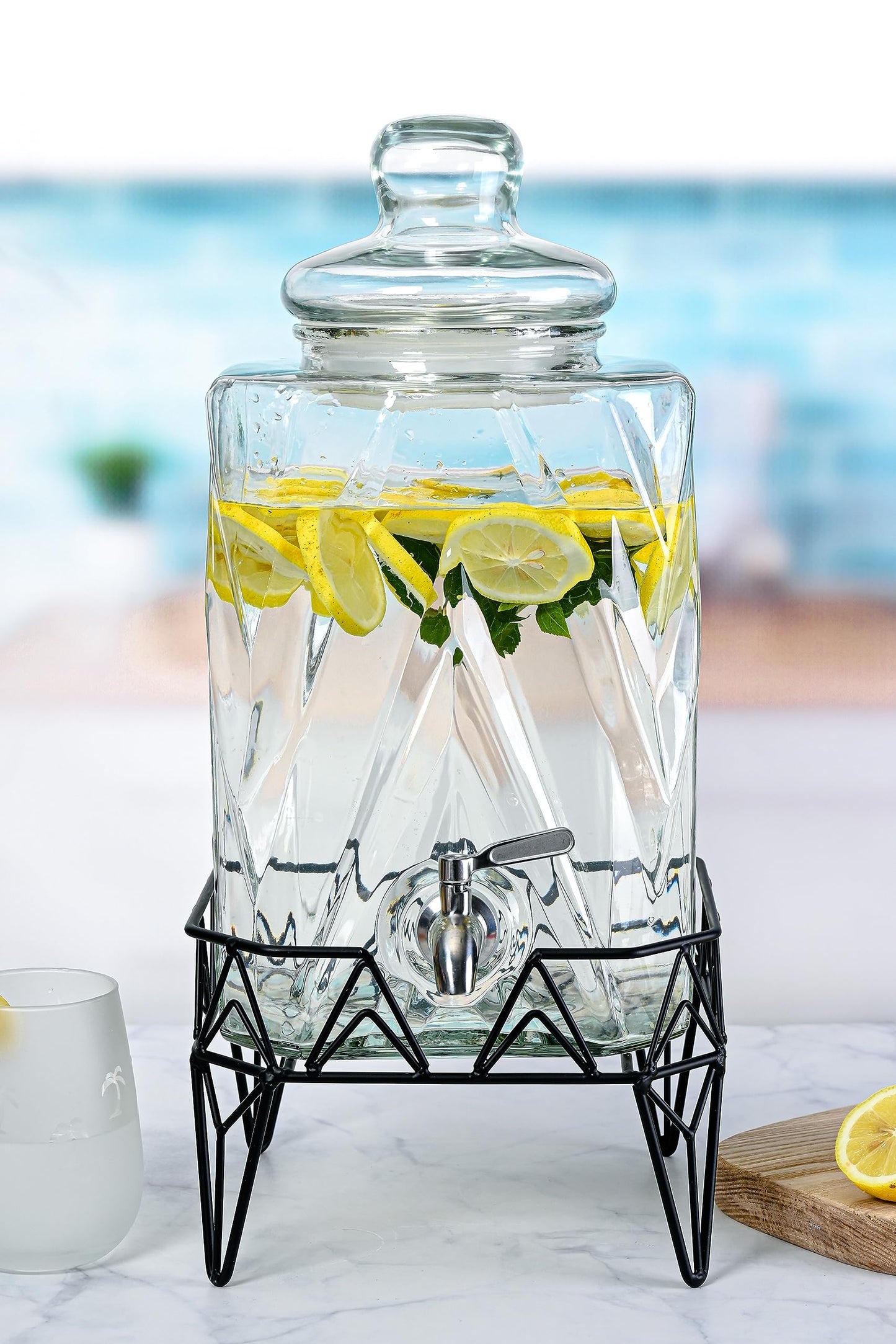 Glacial Ice Design Glass Beverage Dispenser with SS Spigot and Stand - 2.5 Gal